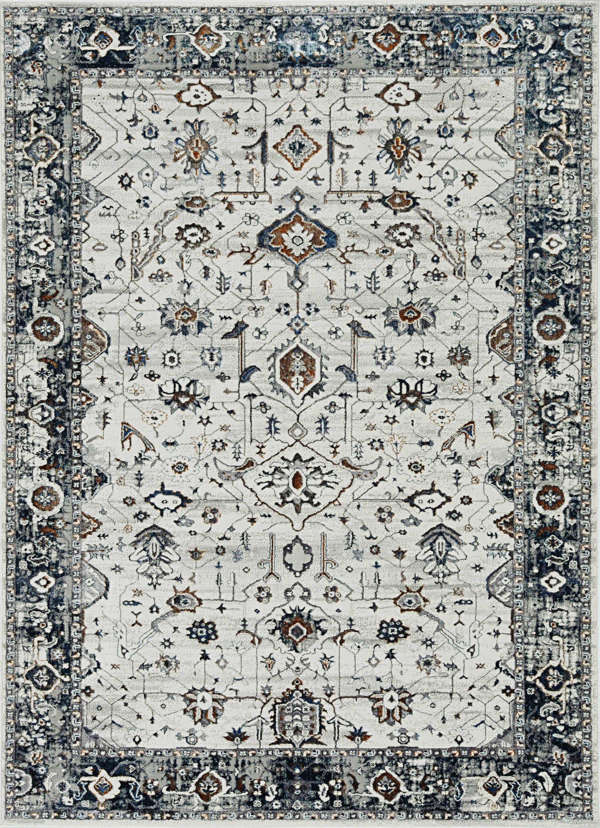 7' Gray And Ivory Floral Medallion Area Rug-Area Rugs-DECOROLALA