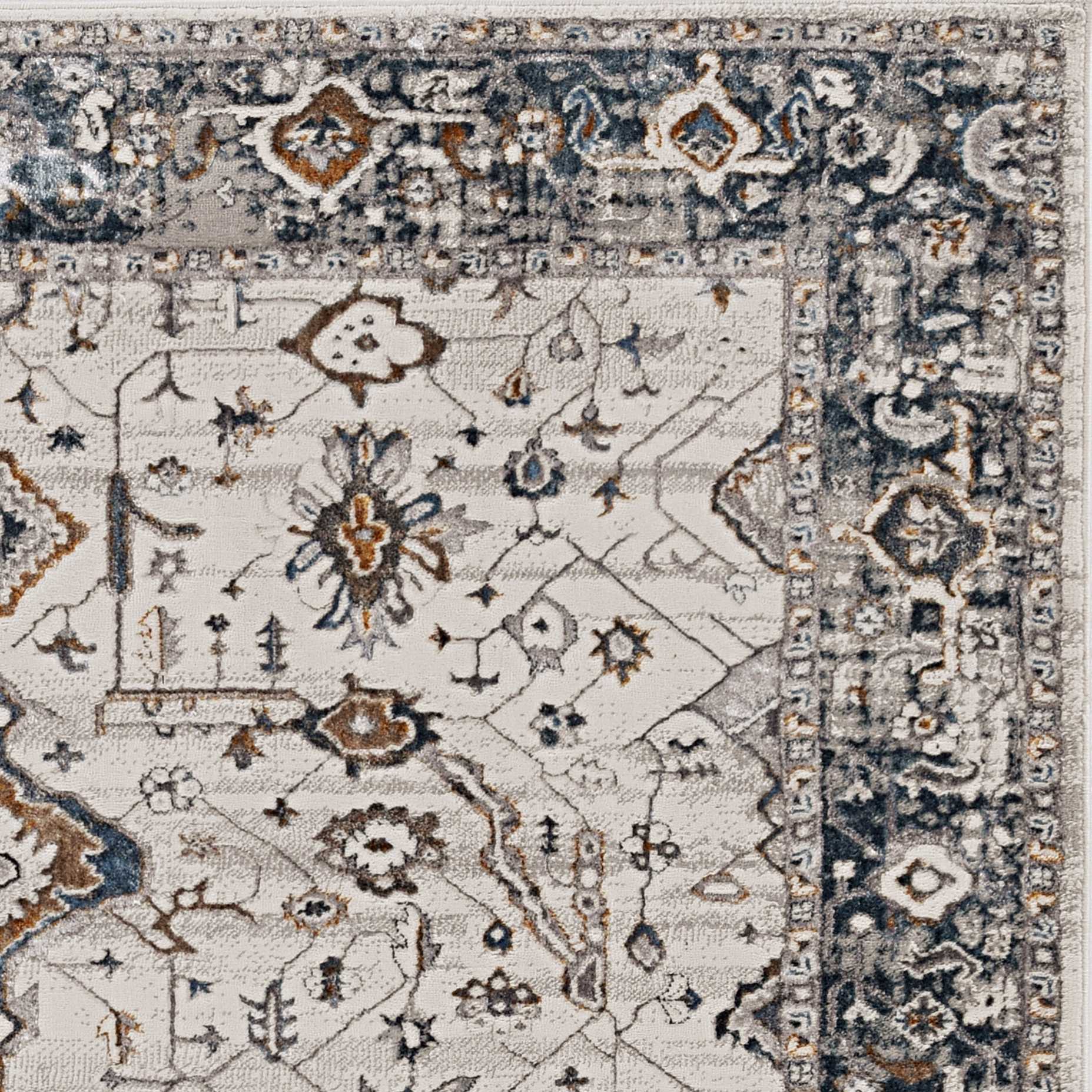 7' Gray And Ivory Floral Medallion Area Rug-Area Rugs-DECOROLALA