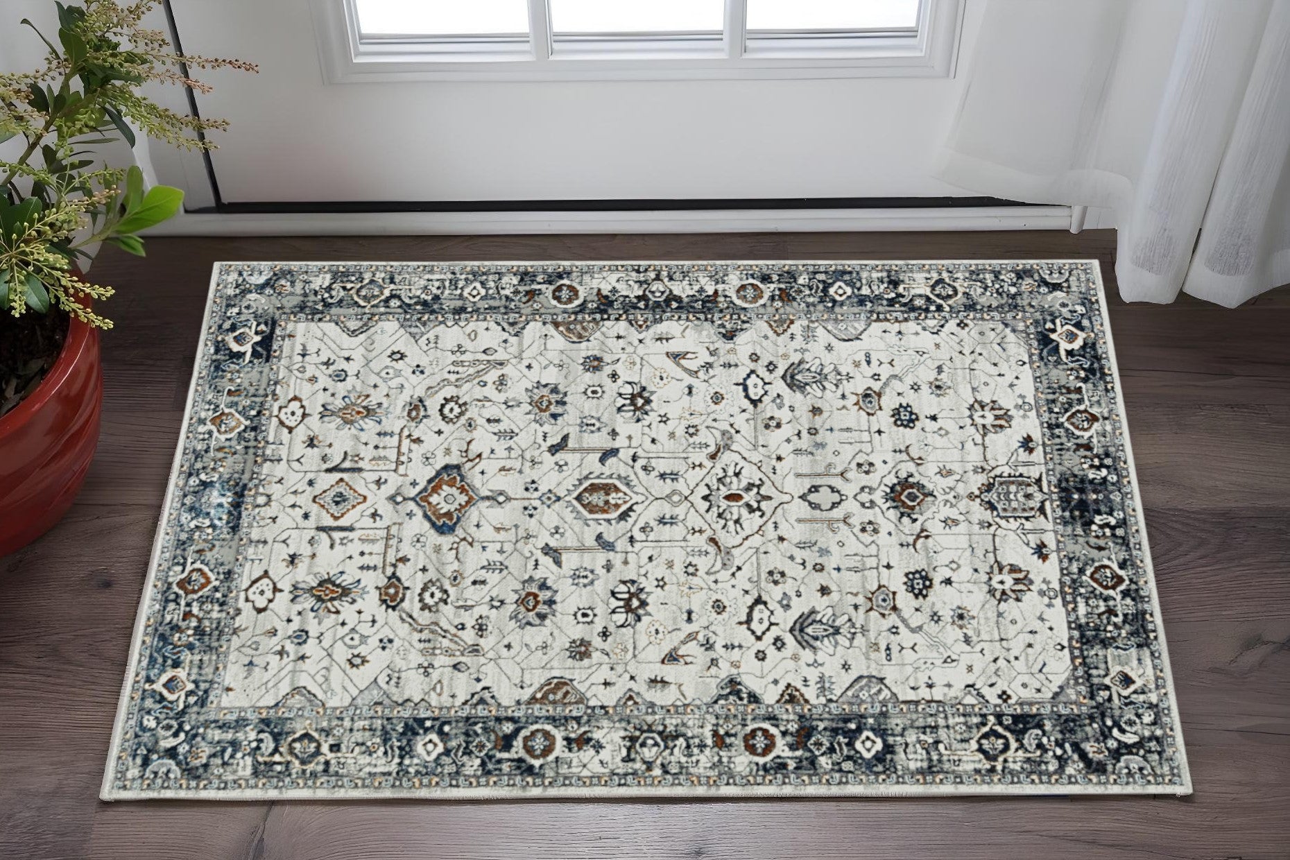 7' Gray And Ivory Floral Medallion Area Rug-Area Rugs-DECOROLALA