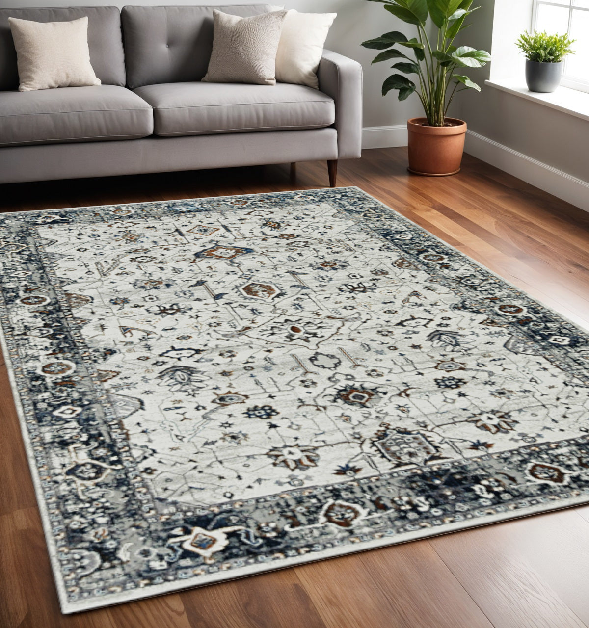7' Gray And Ivory Floral Medallion Area Rug-Area Rugs-DECOROLALA