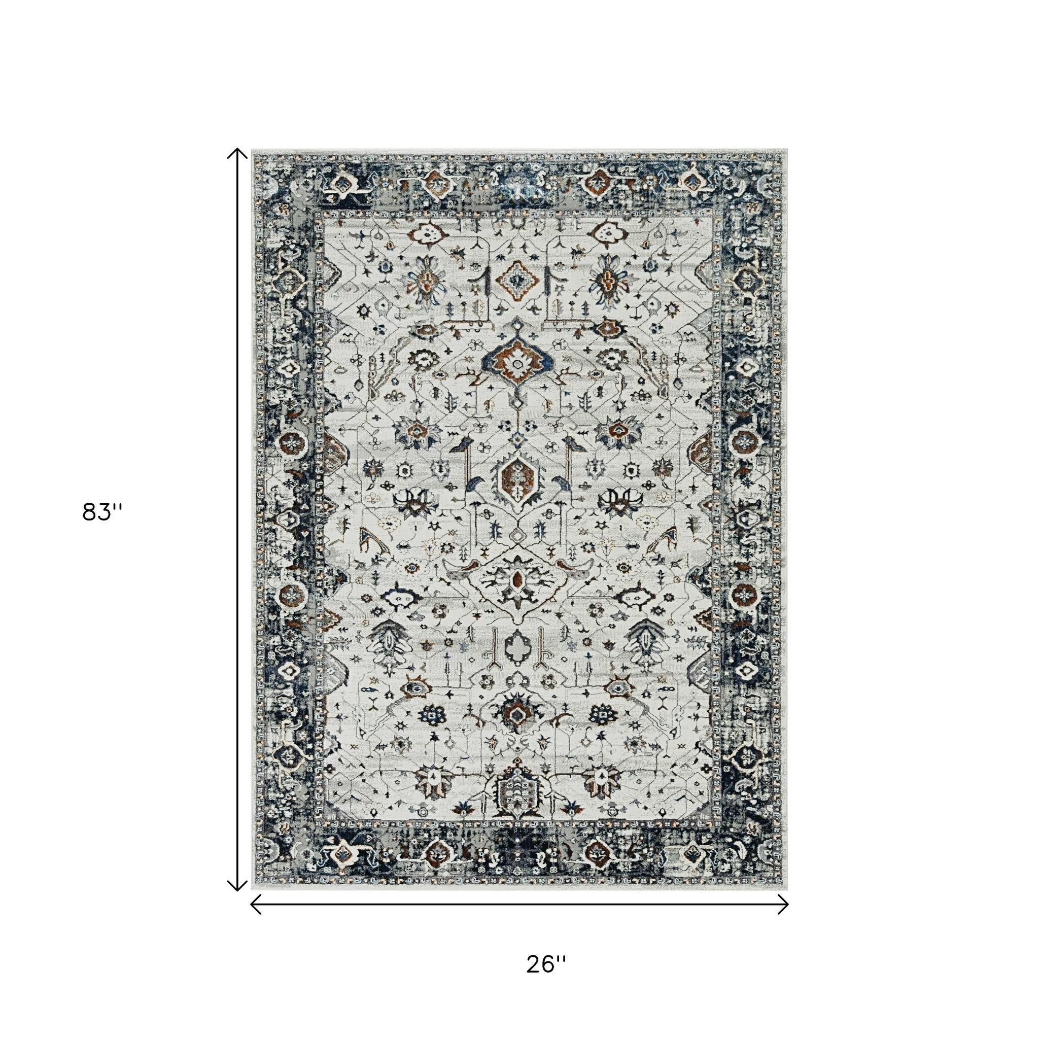 7' Gray And Ivory Floral Medallion Area Rug-Area Rugs-DECOROLALA