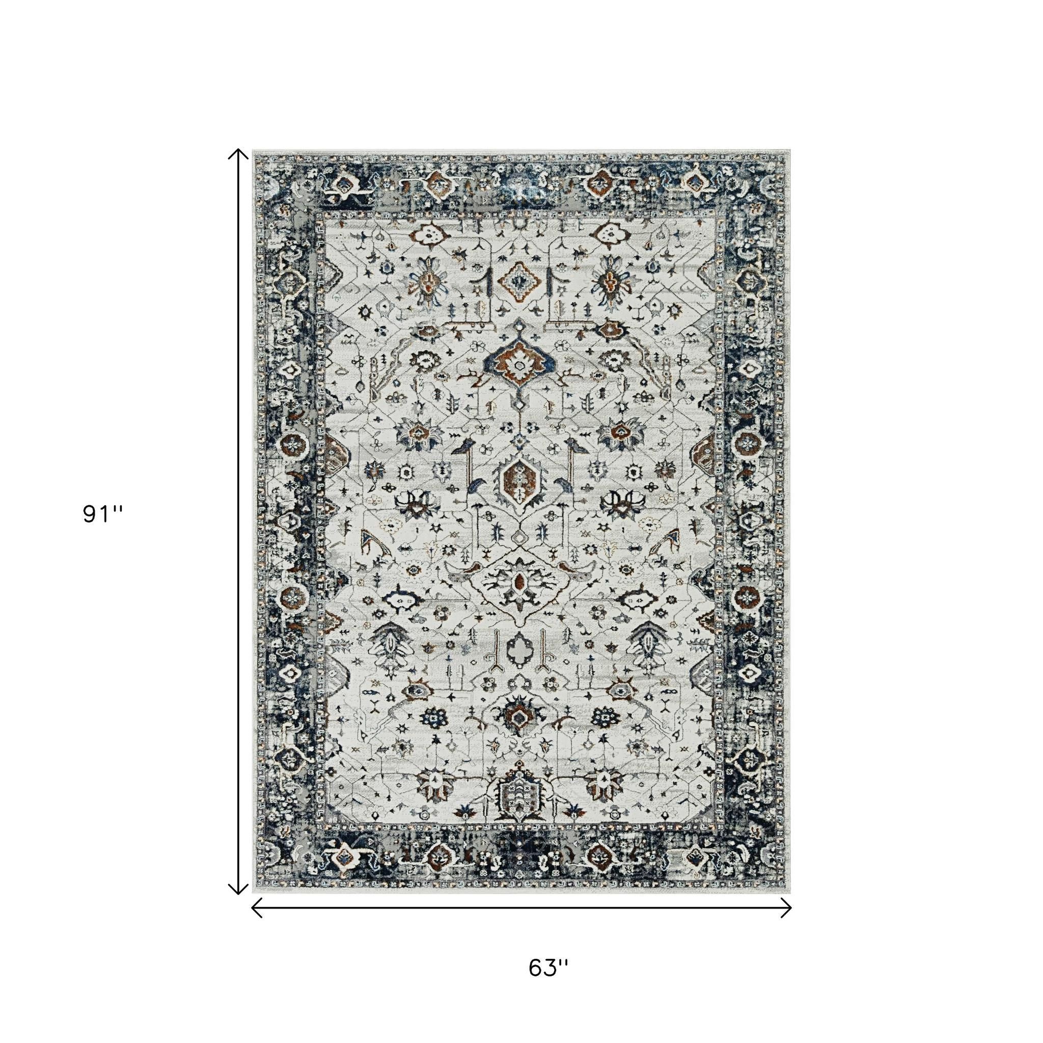 7' Gray And Ivory Floral Medallion Area Rug-Area Rugs-DECOROLALA