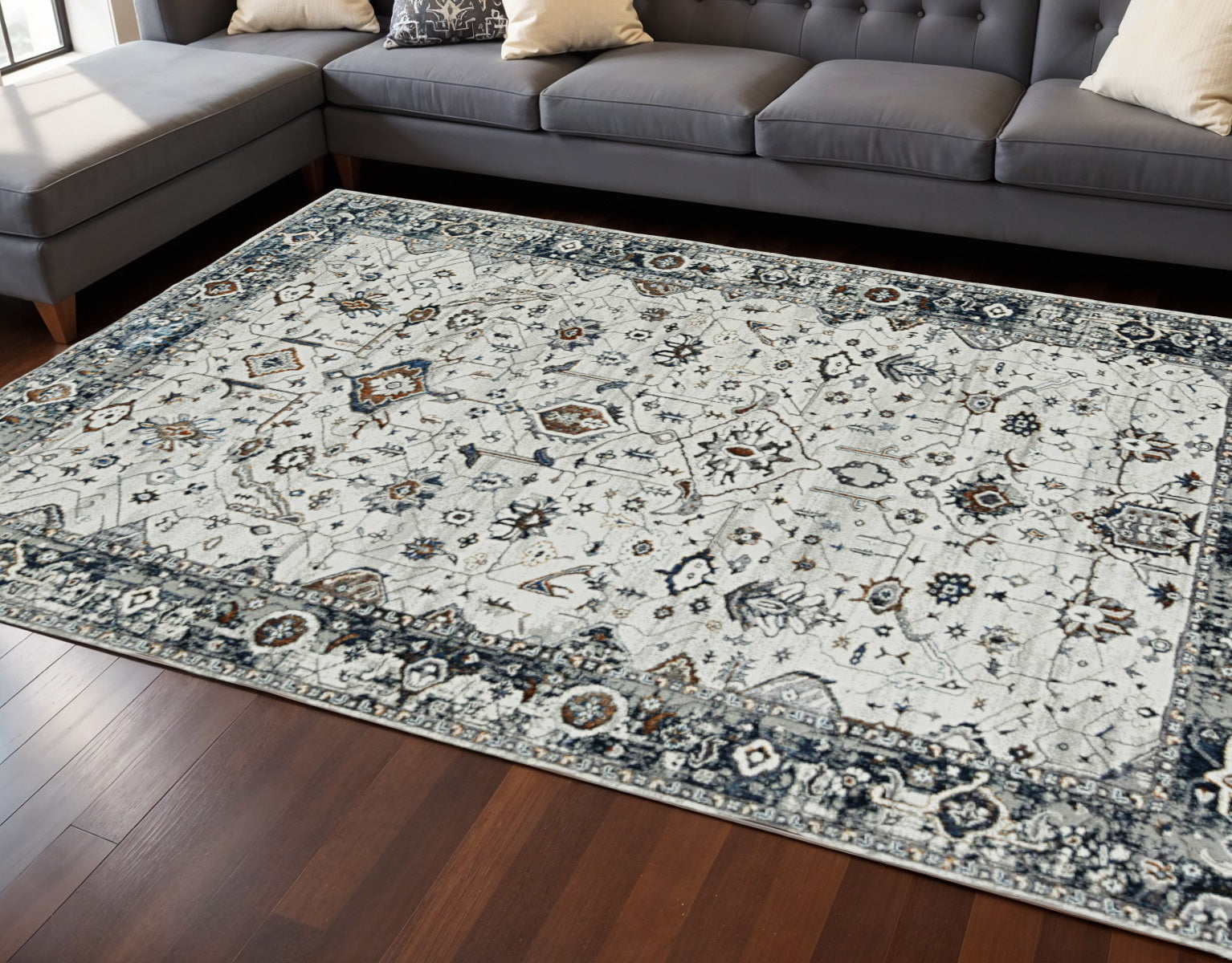 7' Gray And Ivory Floral Medallion Area Rug-Area Rugs-DECOROLALA