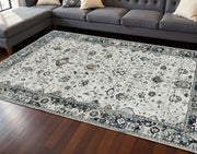 7' Gray And Ivory Floral Medallion Area Rug-Area Rugs-DECOROLALA