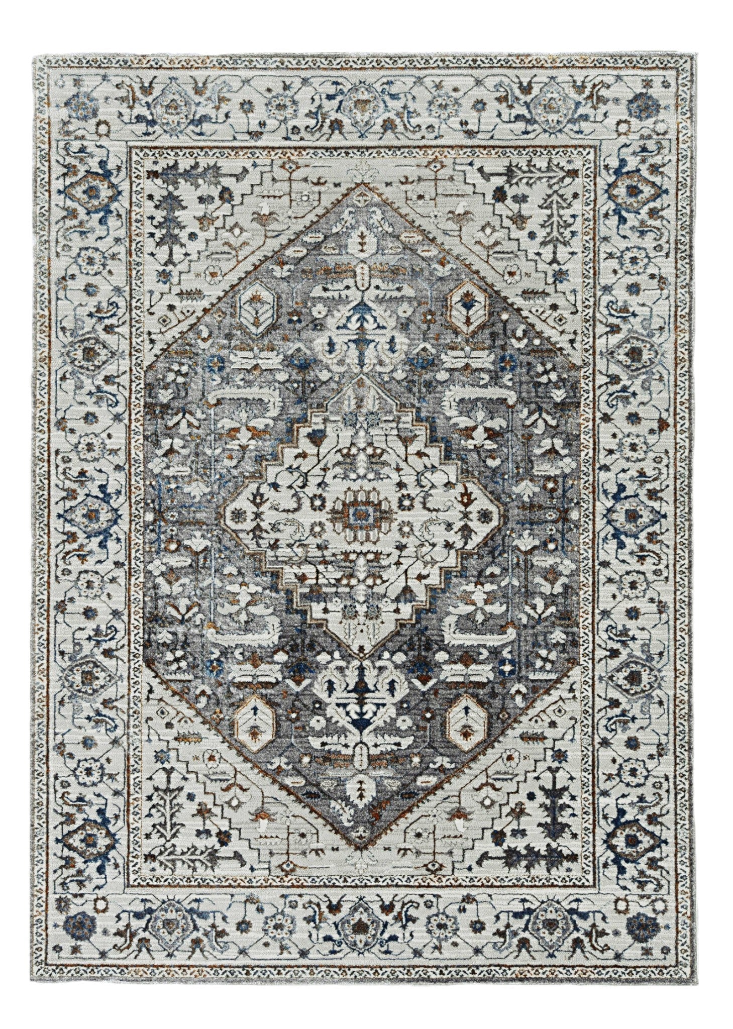 7' Gray Brown And Teal Floral Medallion Area Rug-Area Rugs-DECOROLALA