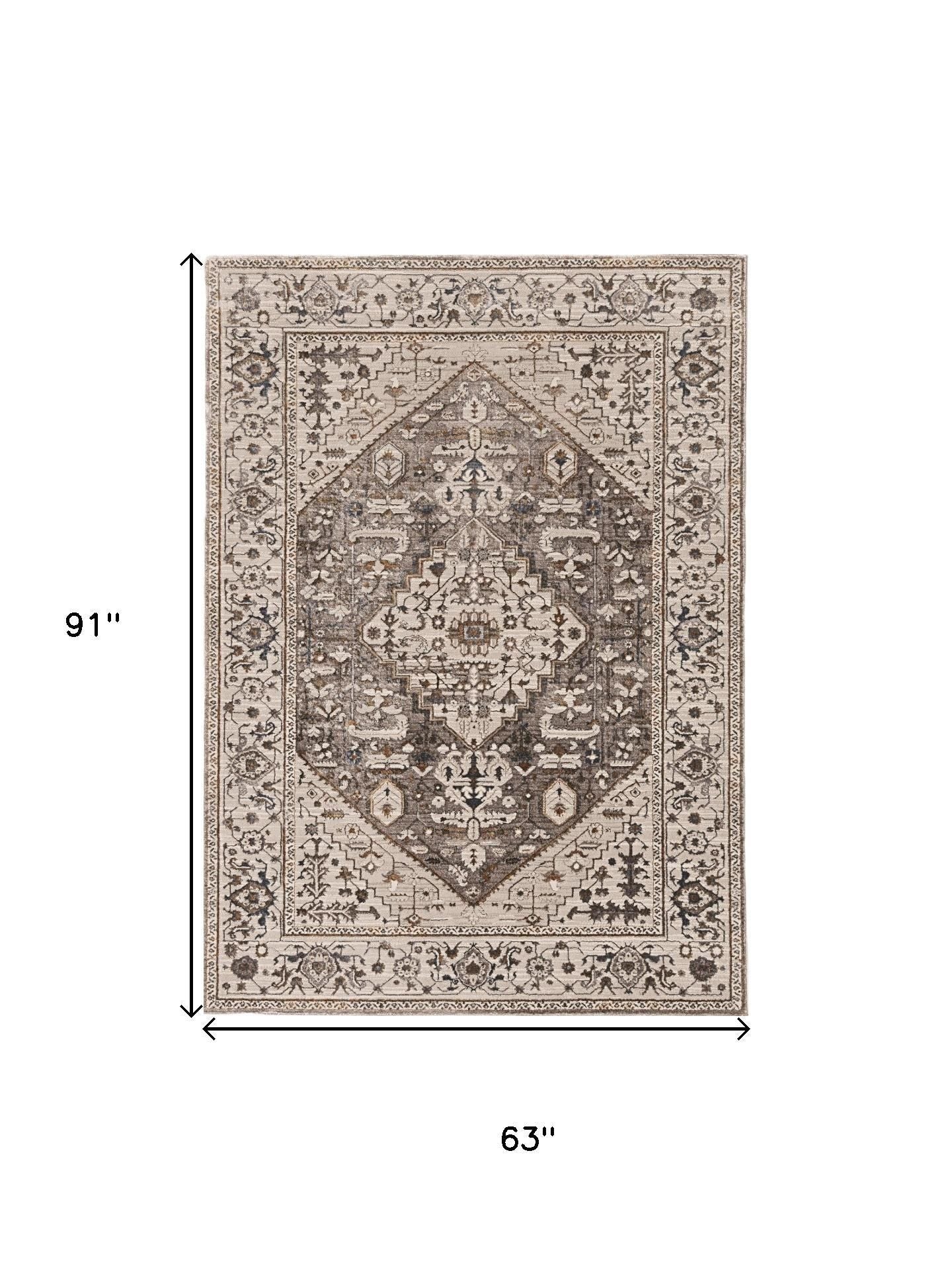 7' Gray Brown And Teal Floral Medallion Area Rug-Area Rugs-DECOROLALA