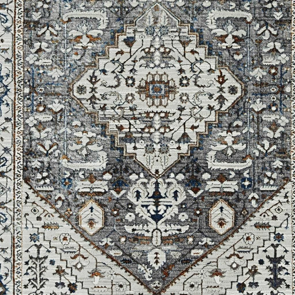 7' Gray Brown And Teal Floral Medallion Area Rug-Area Rugs-DECOROLALA