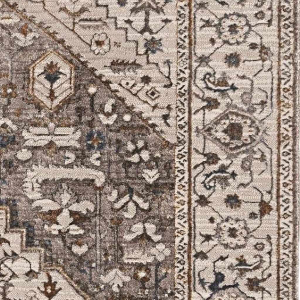 7' Gray Brown And Teal Floral Medallion Area Rug-Area Rugs-DECOROLALA