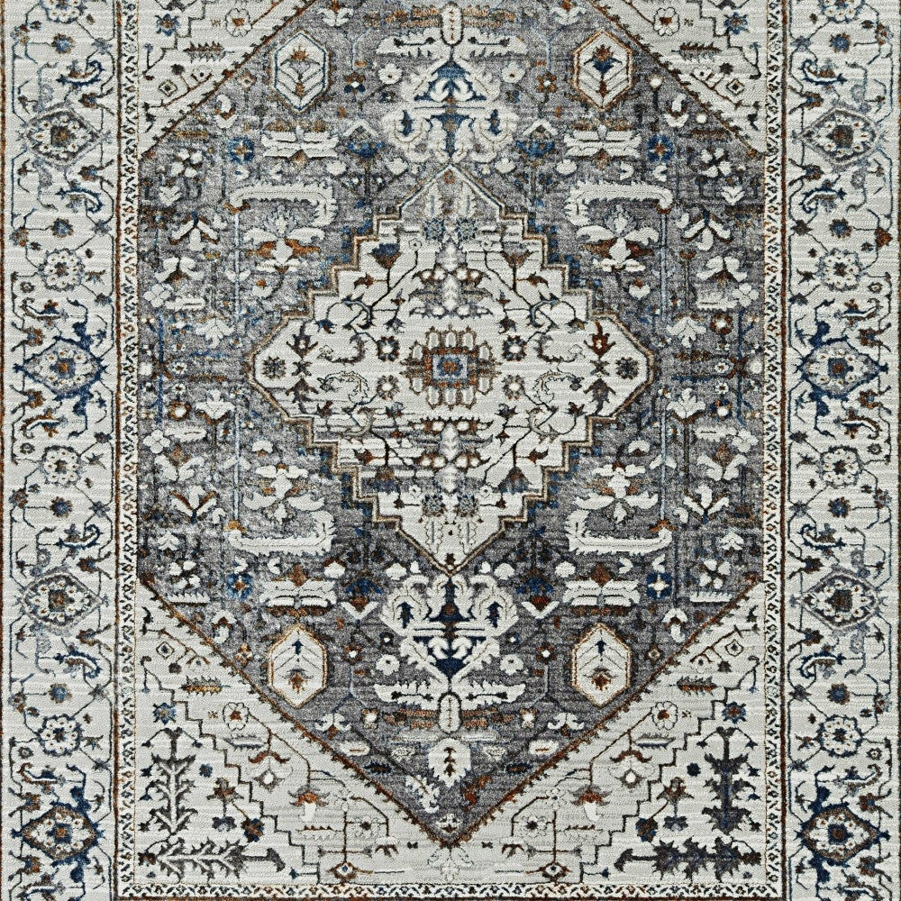 7' Gray Brown And Teal Floral Medallion Area Rug-Area Rugs-DECOROLALA