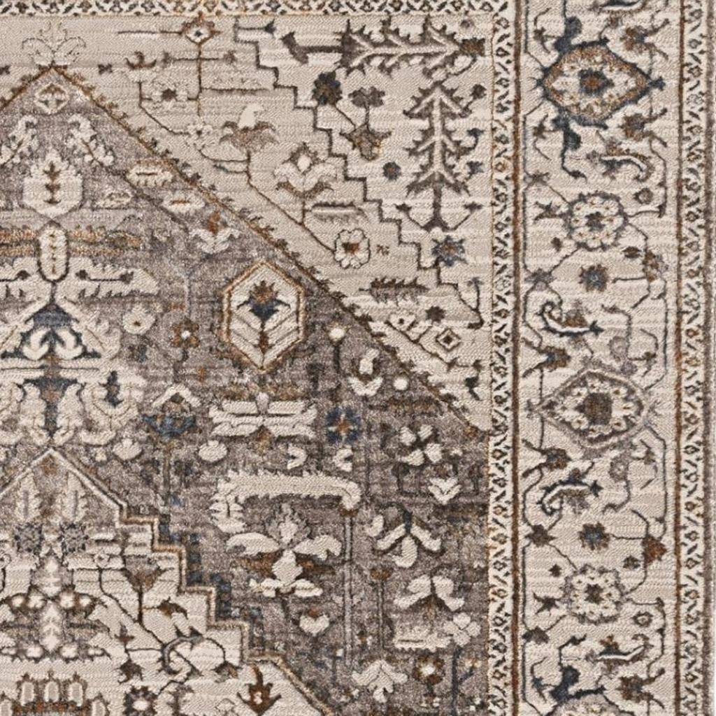 7' Gray Brown And Teal Floral Medallion Area Rug-Area Rugs-DECOROLALA