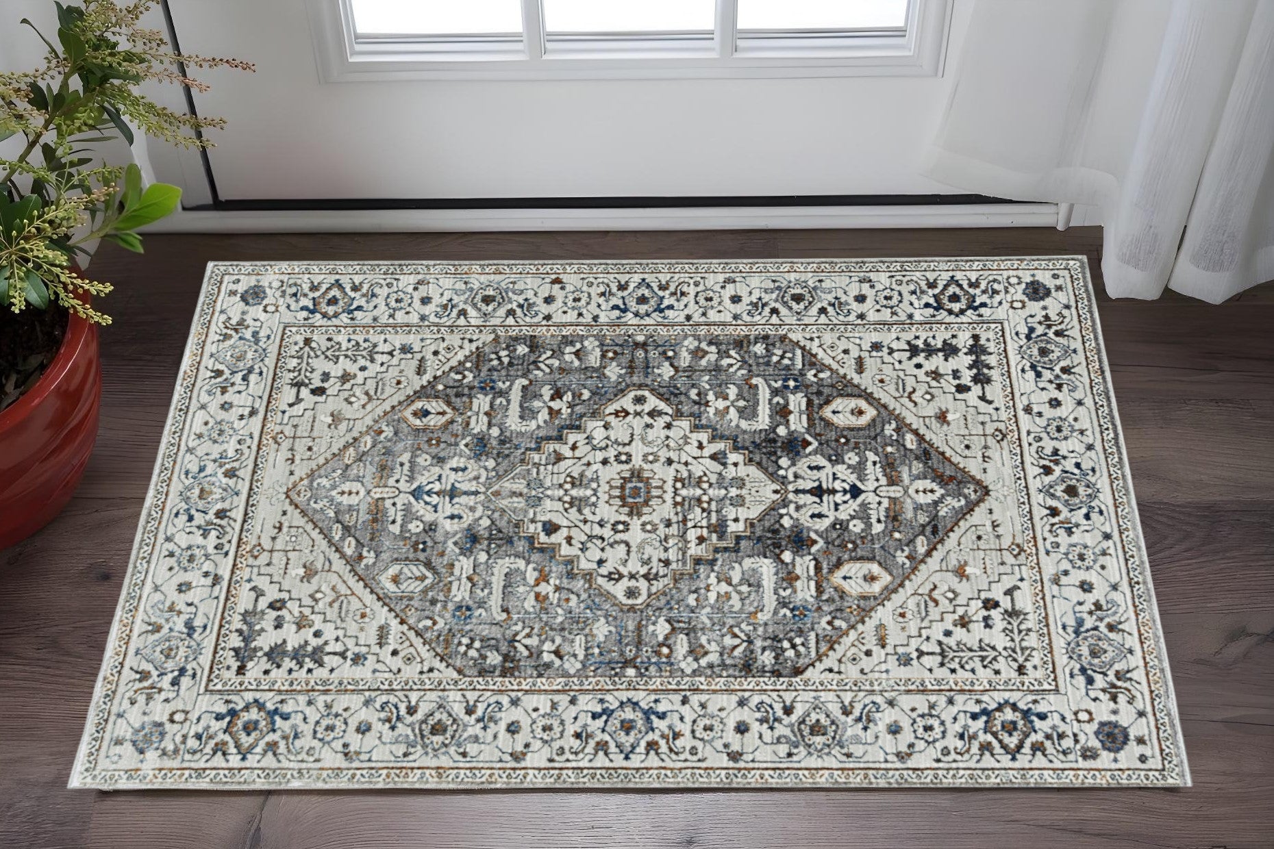 7' Gray Brown And Teal Floral Medallion Area Rug-Area Rugs-DECOROLALA