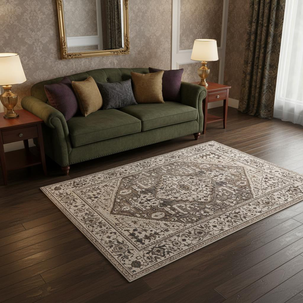 7' Gray Brown And Teal Floral Medallion Area Rug-Area Rugs-DECOROLALA