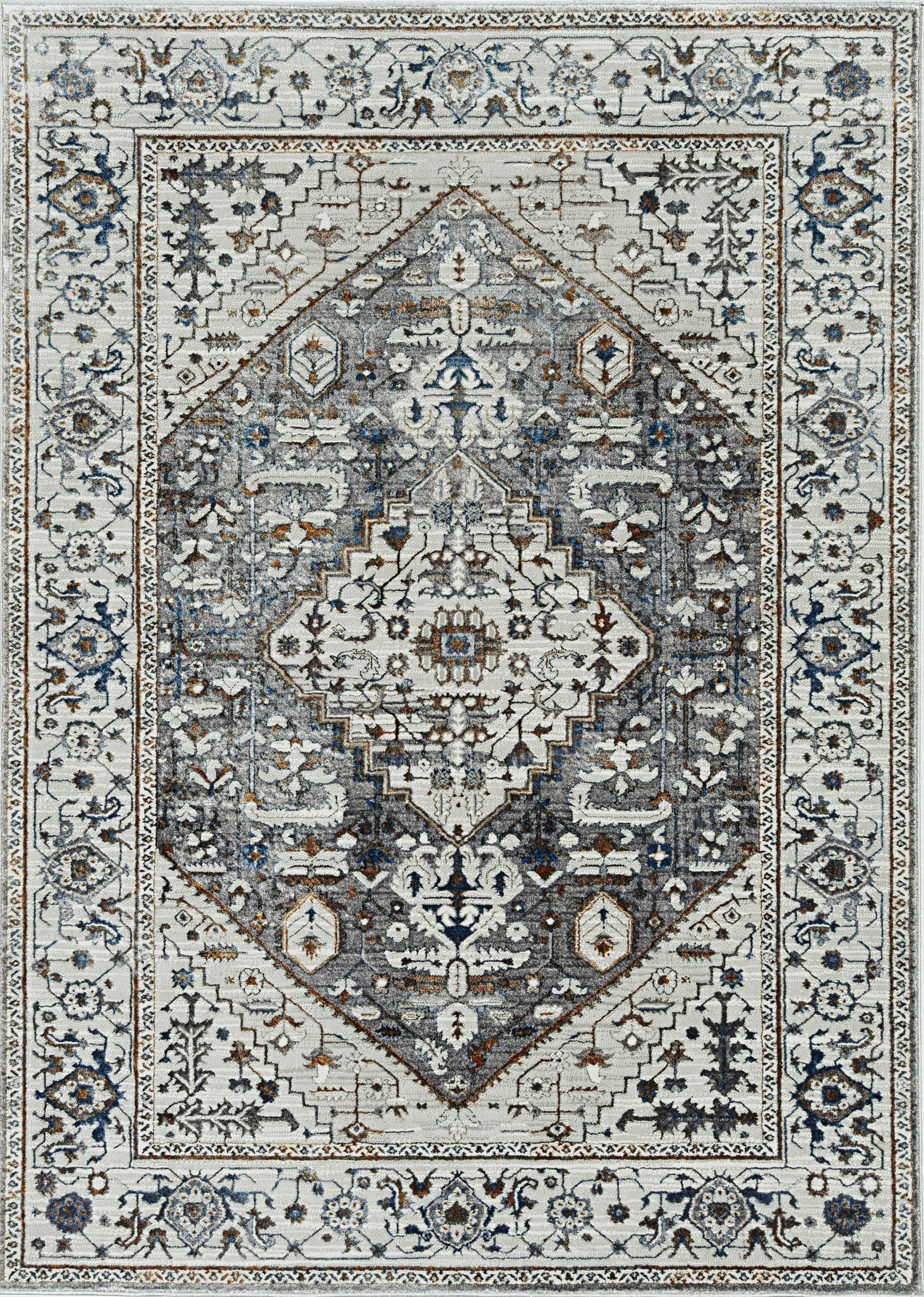 7' Gray Brown And Teal Floral Medallion Area Rug-Area Rugs-DECOROLALA