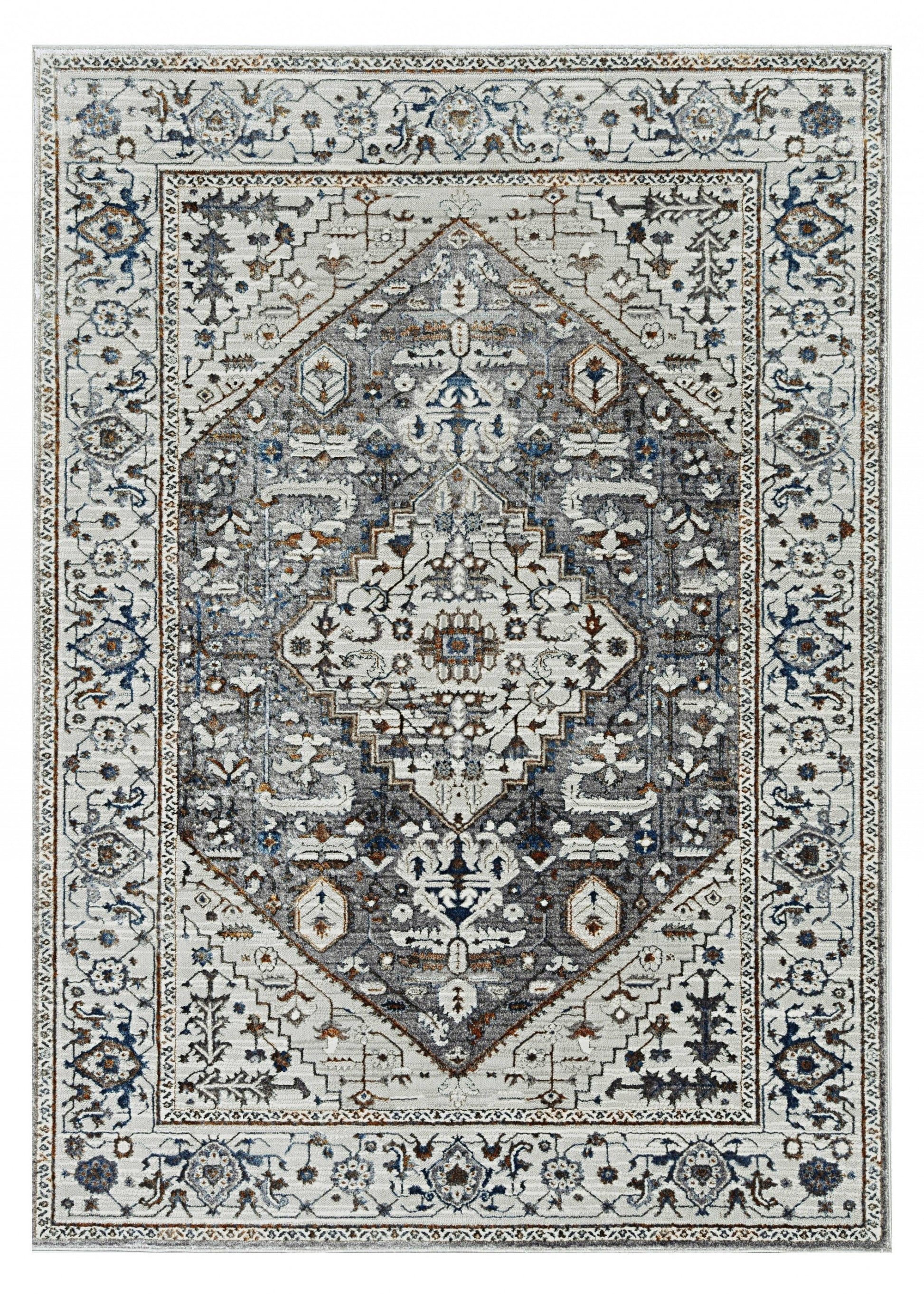 7' Gray Brown And Teal Floral Medallion Area Rug-Area Rugs-DECOROLALA