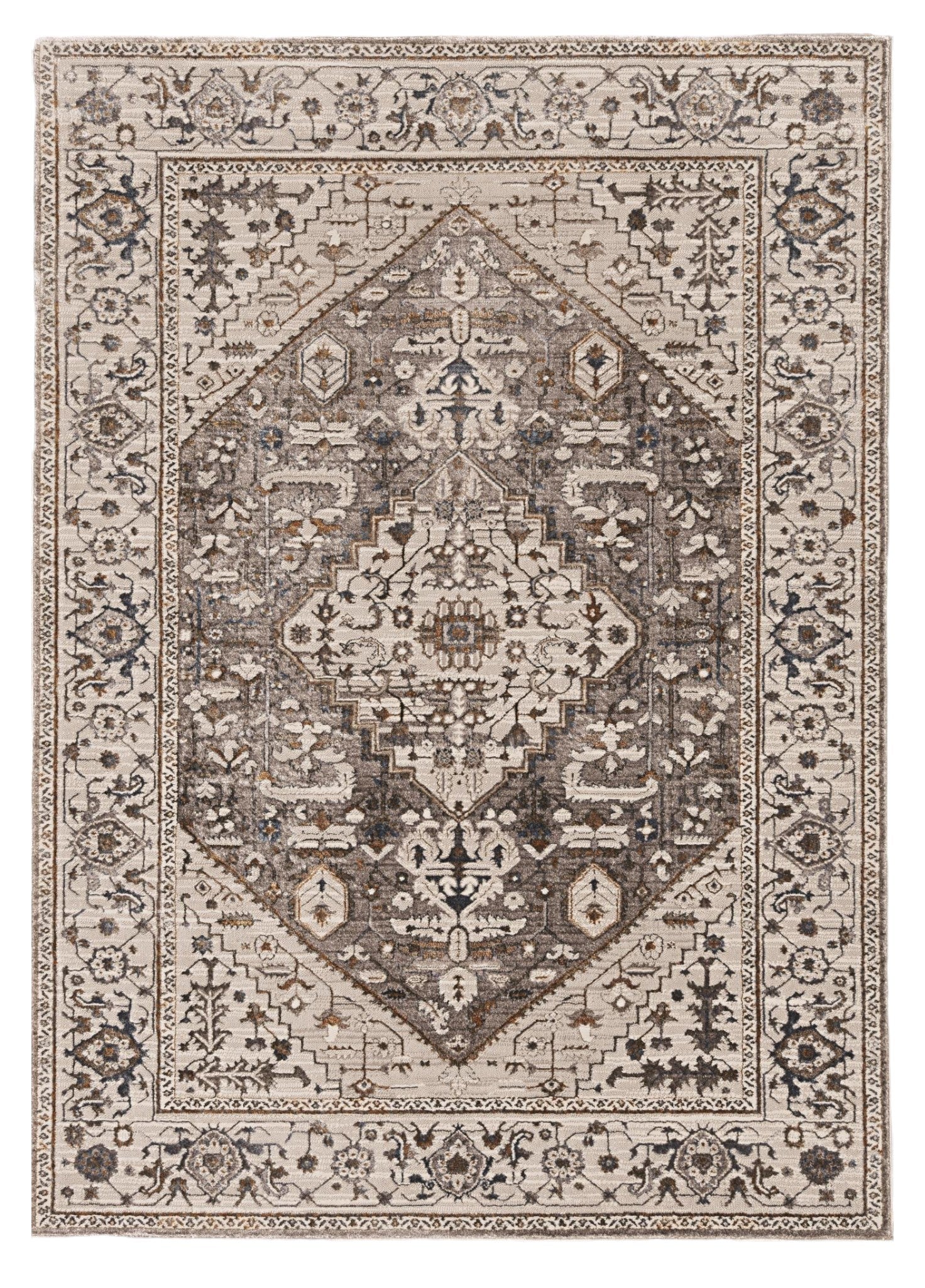 7' Gray Brown And Teal Floral Medallion Area Rug-Area Rugs-DECOROLALA