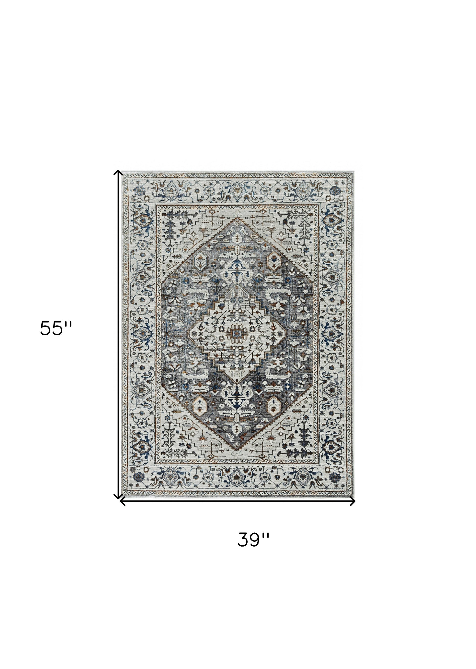7' Gray Brown And Teal Floral Medallion Area Rug-Area Rugs-DECOROLALA