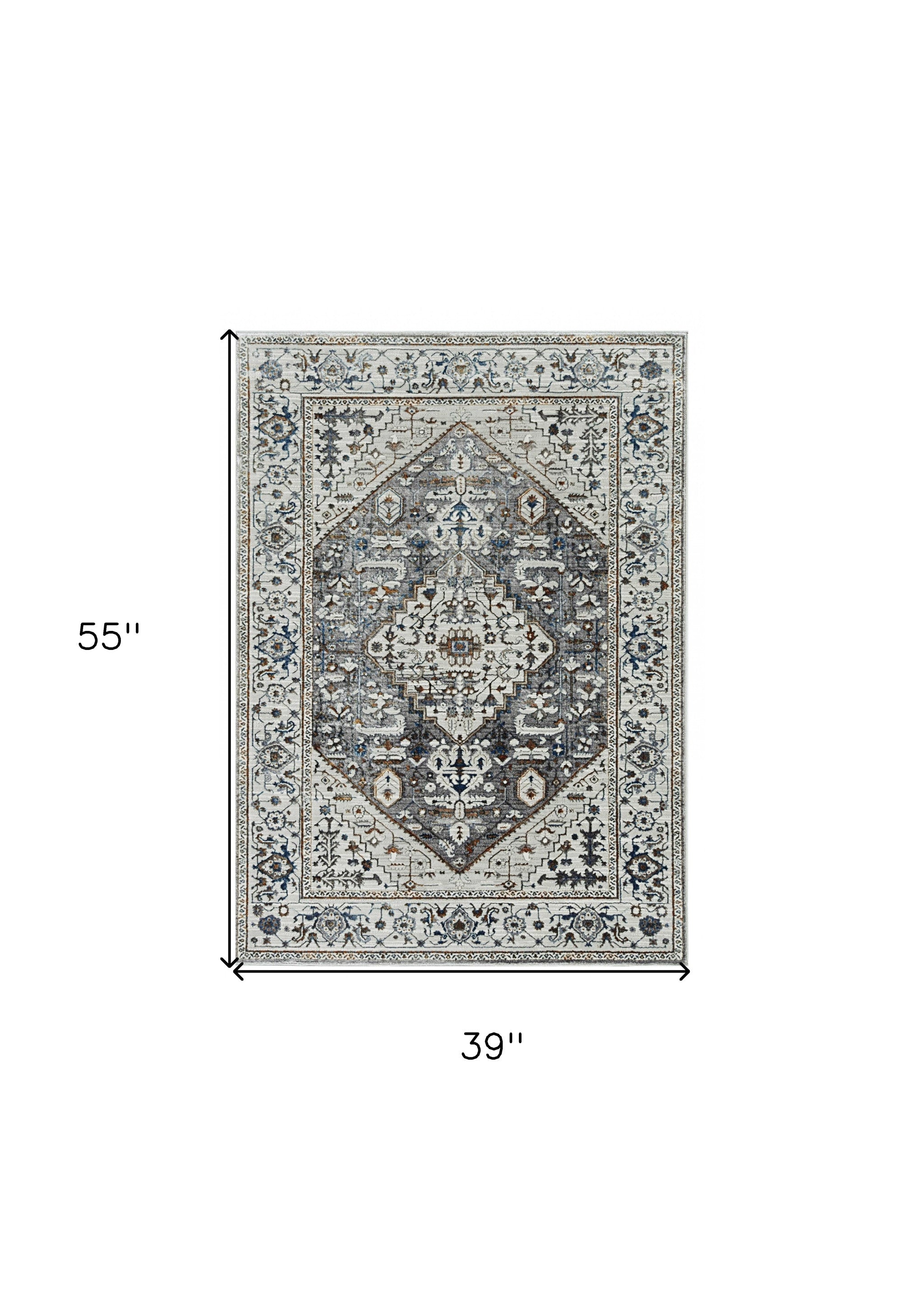 7' Gray Brown And Teal Floral Medallion Area Rug-Area Rugs-DECOROLALA