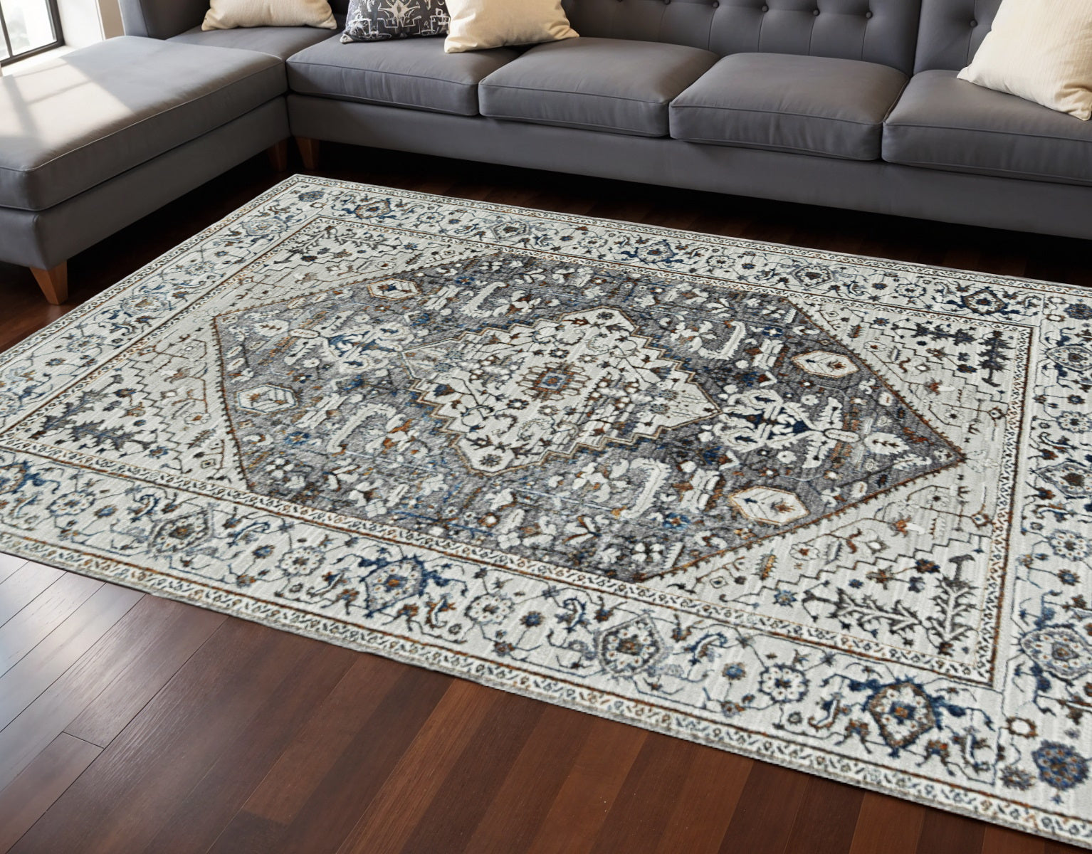 7' Gray Brown And Teal Floral Medallion Area Rug-Area Rugs-DECOROLALA