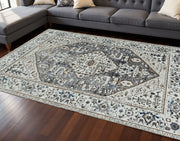 7' Gray Brown And Teal Floral Medallion Area Rug-Area Rugs-DECOROLALA