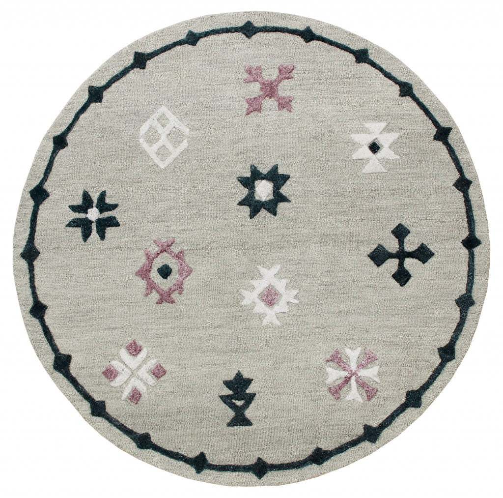 7' Gray Round Wool Hand Hooked Handmade Area Rug-Area Rugs-DECOROLALA