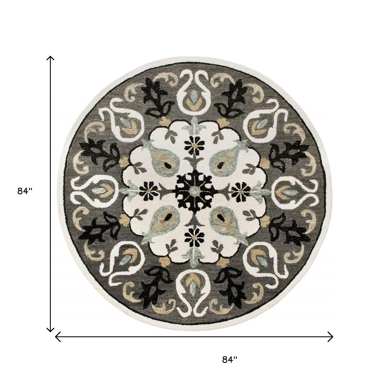 7' Gray Round Wool Hand Hooked Handmade Area Rug-Area Rugs-DECOROLALA