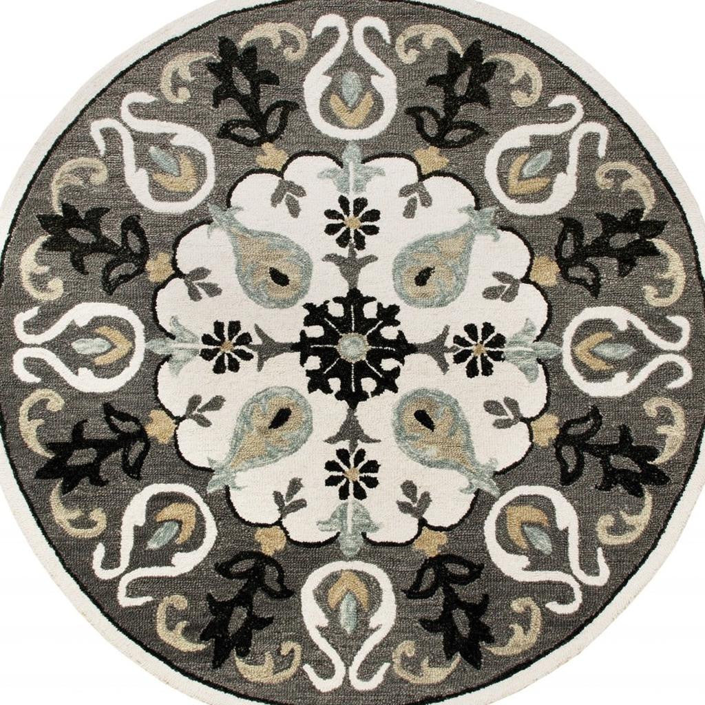 7' Gray Round Wool Hand Hooked Handmade Area Rug-Area Rugs-DECOROLALA