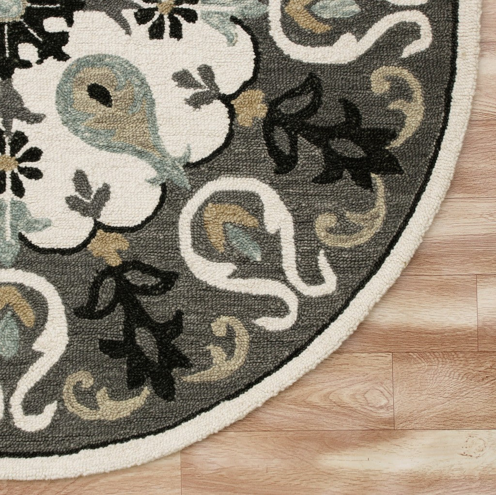 7' Gray Round Wool Hand Hooked Handmade Area Rug-Area Rugs-DECOROLALA