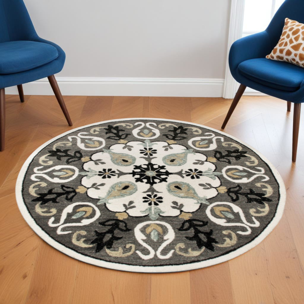 7' Gray Round Wool Hand Hooked Handmade Area Rug-Area Rugs-DECOROLALA