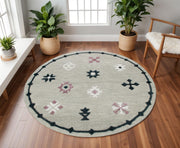 7' Gray Round Wool Hand Hooked Handmade Area Rug-Area Rugs-DECOROLALA