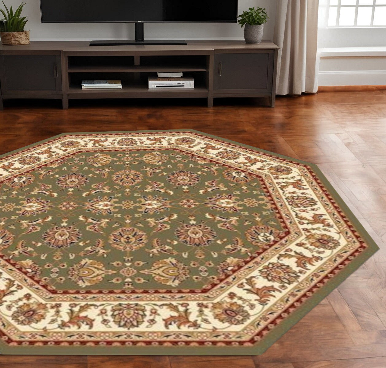 7' Green And Ivory Floral Octagon Rug-Area Rugs-DECOROLALA