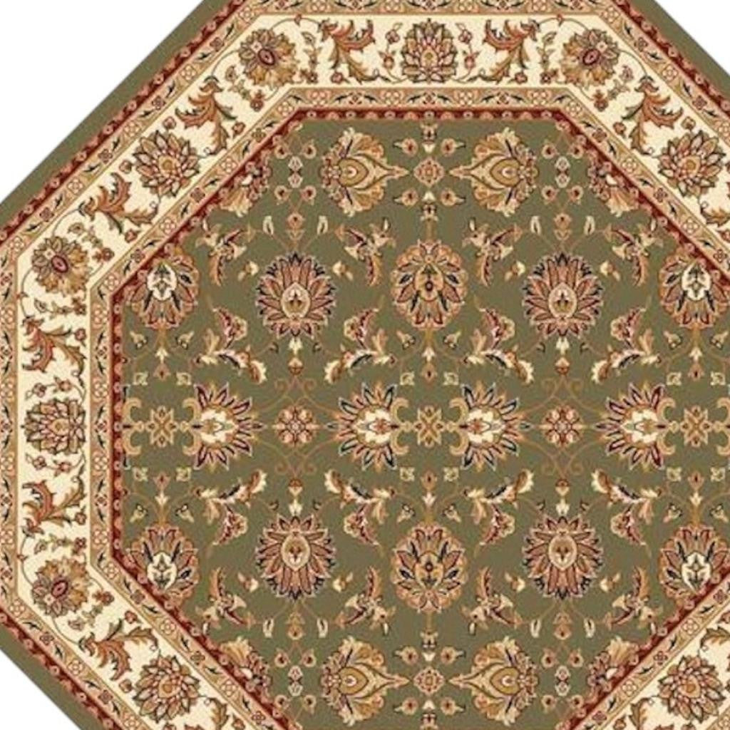 7' Green And Ivory Floral Octagon Rug-Area Rugs-DECOROLALA