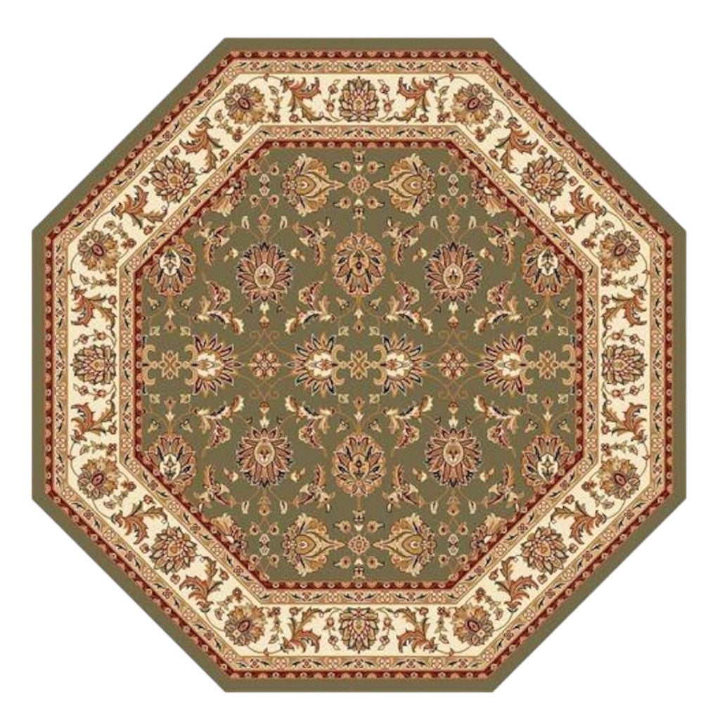 7' Green And Ivory Floral Octagon Rug-Area Rugs-DECOROLALA