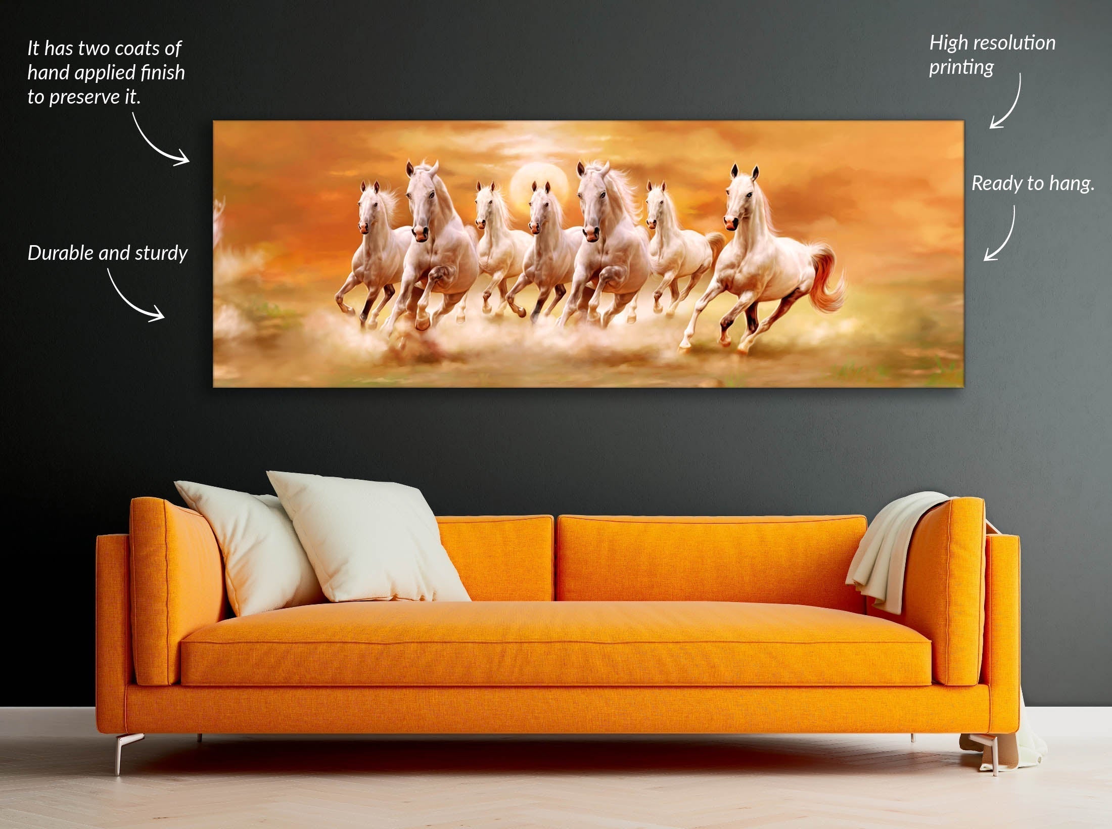 7 Horses Wildlife Canvas Wall Art with Gold Varnish-Wall Art-DECOROLALA