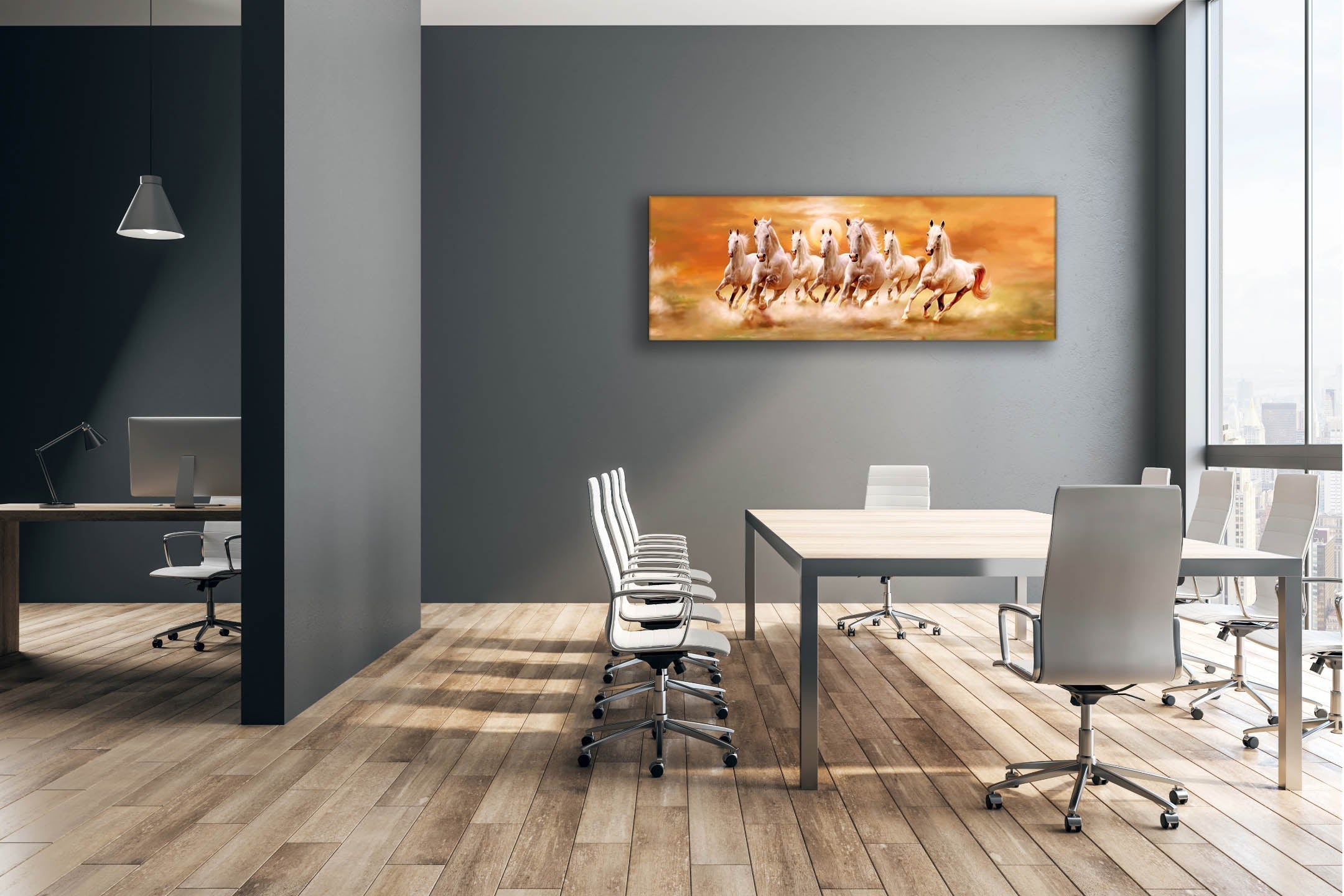 7 Horses and Sunshine-Wall Decor- Wildlife Canvas Art - Gold varnish-Wall Art-DECOROLALA