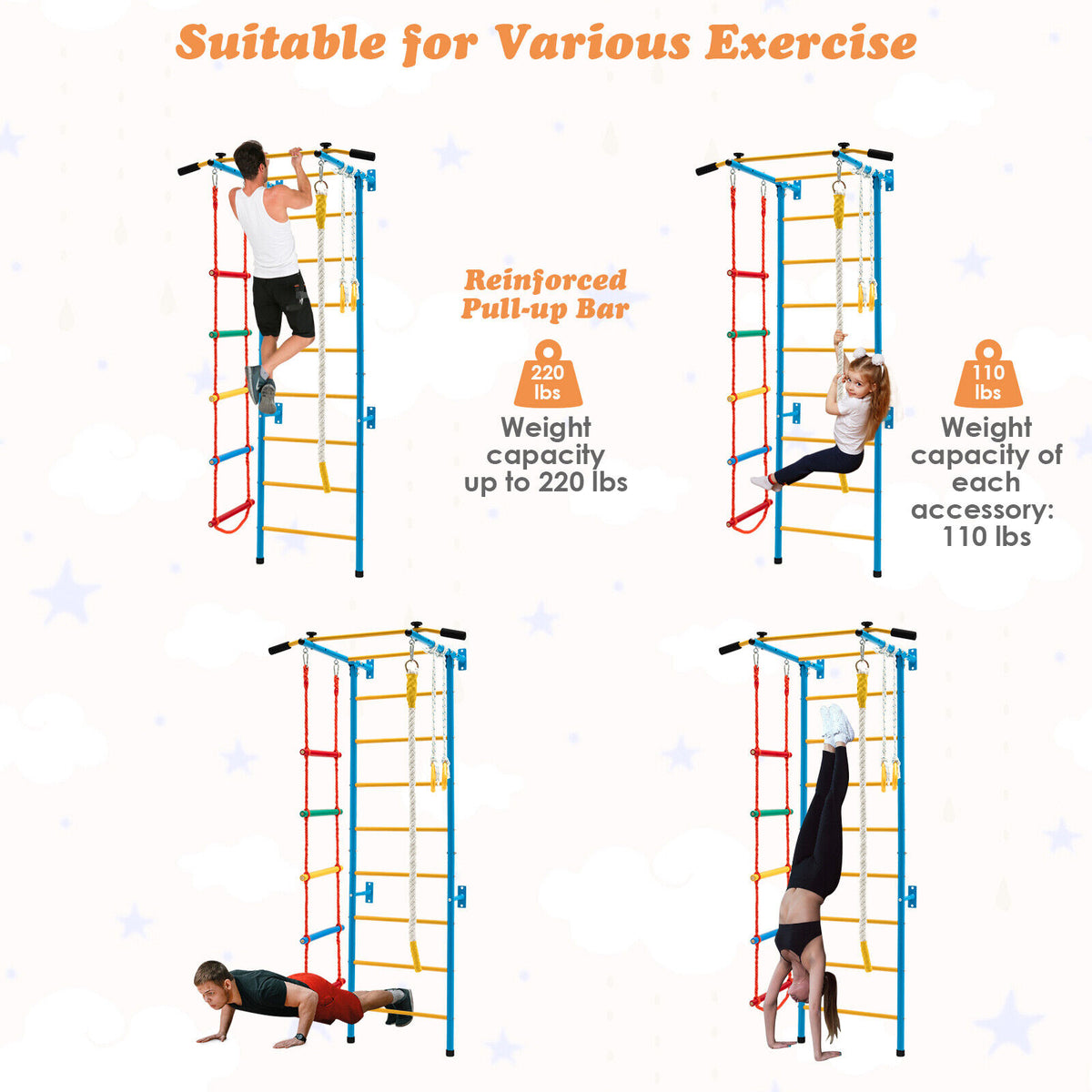 7 In 1 Kids Indoor Gym Playground Swedish Wall Ladder for Solid Wall-Yellow