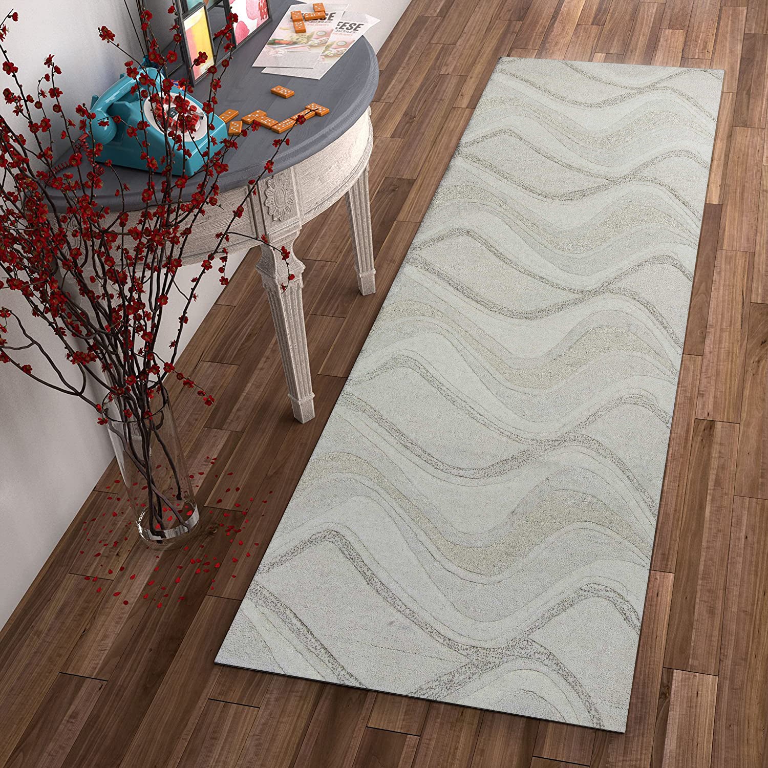 7' Ivory And Gray Wool Abstract Hand Tufted Runner Rug-Area Rugs-DECOROLALA