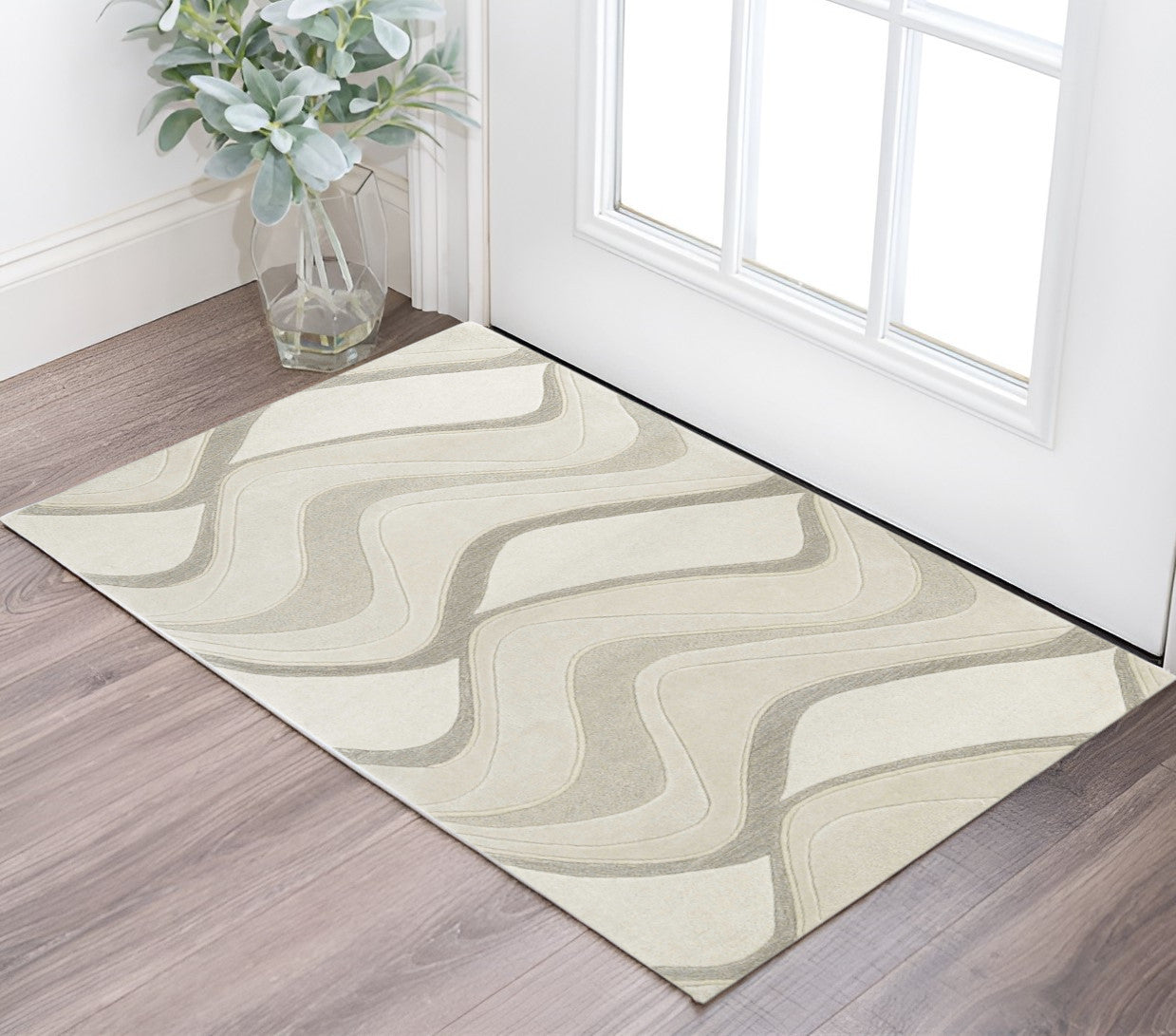 7' Ivory And Gray Wool Abstract Hand Tufted Runner Rug-Area Rugs-DECOROLALA