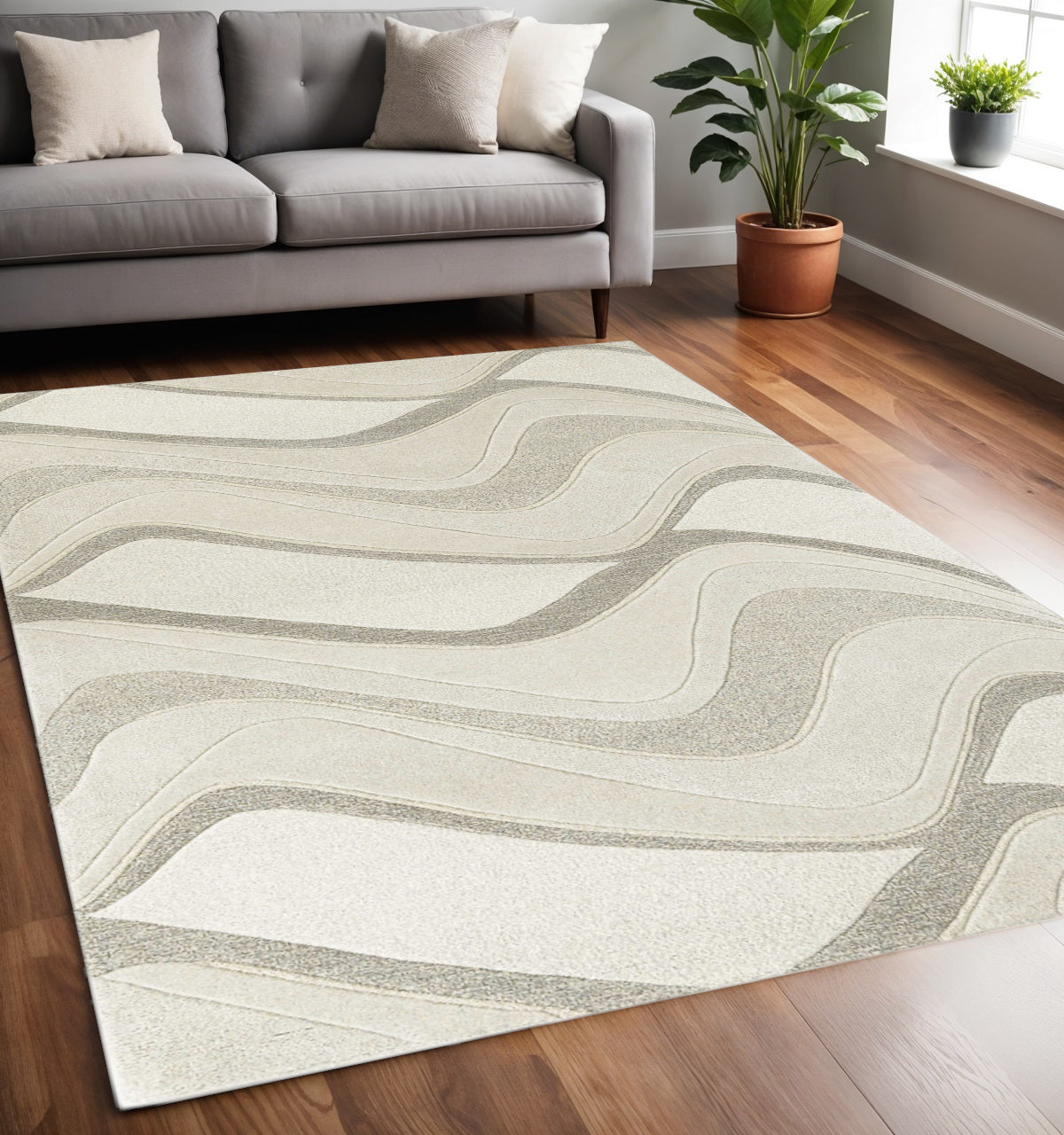 7' Ivory And Gray Wool Abstract Hand Tufted Runner Rug-Area Rugs-DECOROLALA