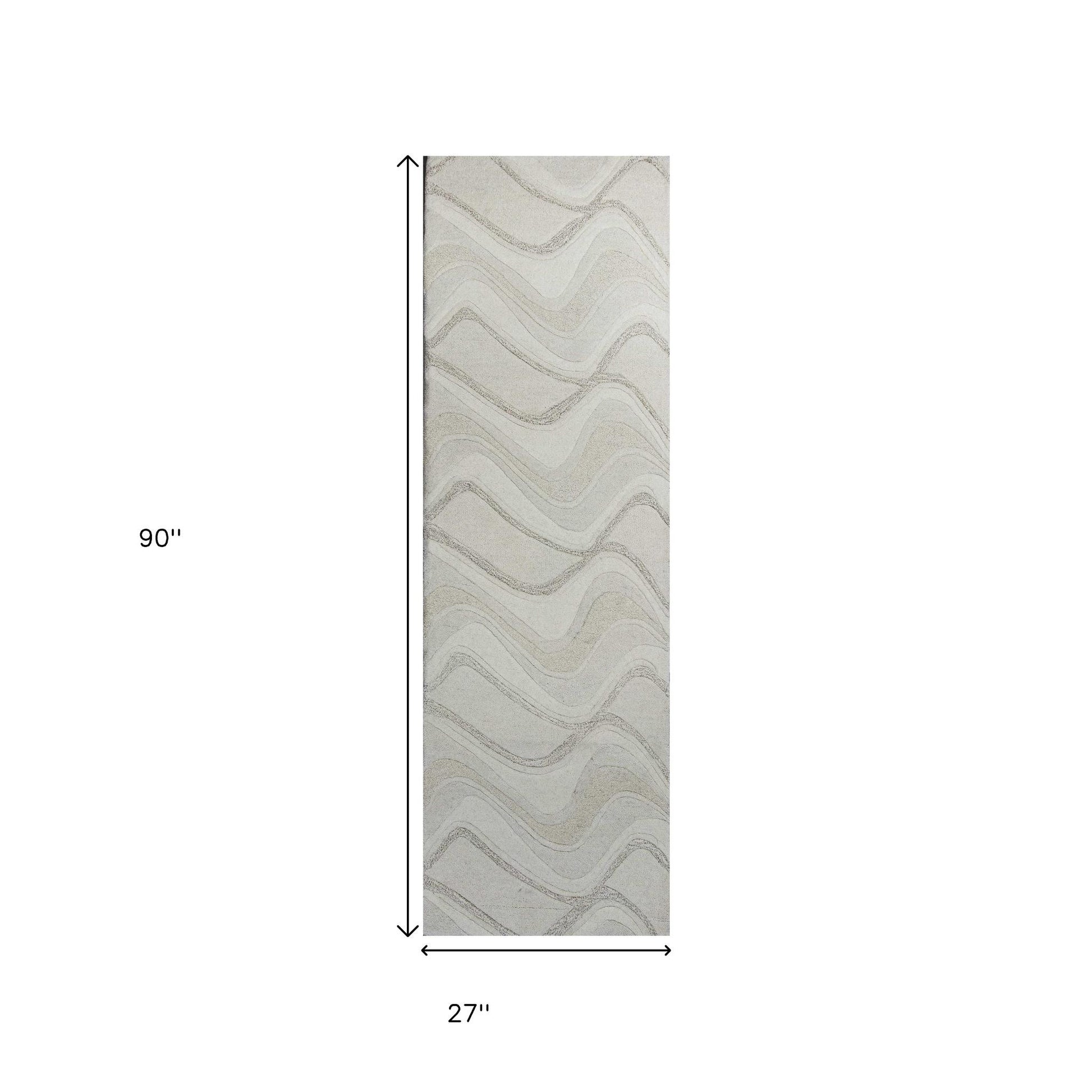 7' Ivory And Gray Wool Abstract Hand Tufted Runner Rug-Area Rugs-DECOROLALA