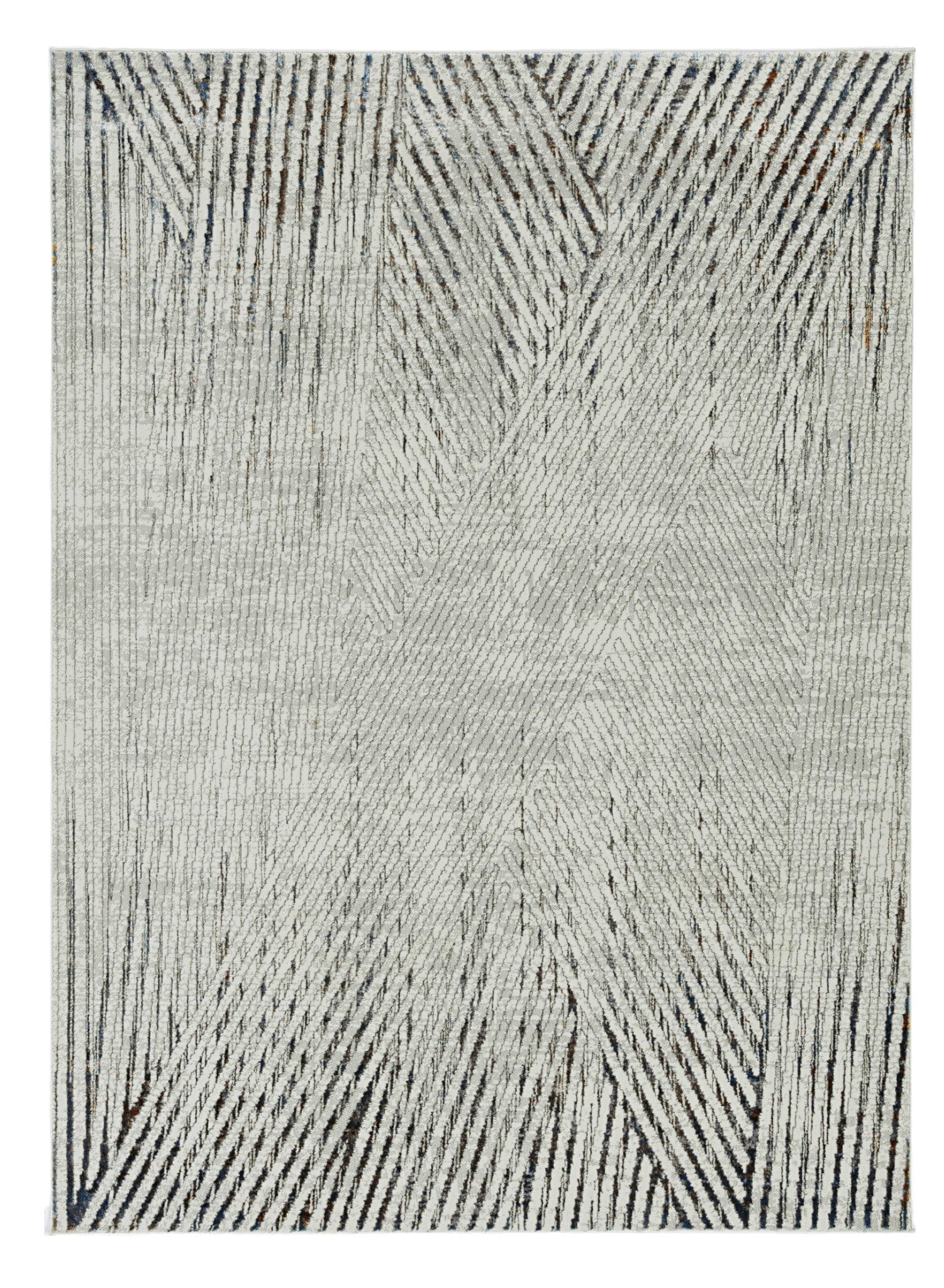 7' Ivory Grey Machine Woven Geometric Lines Indoor Runner Rug-Area Rugs-DECOROLALA