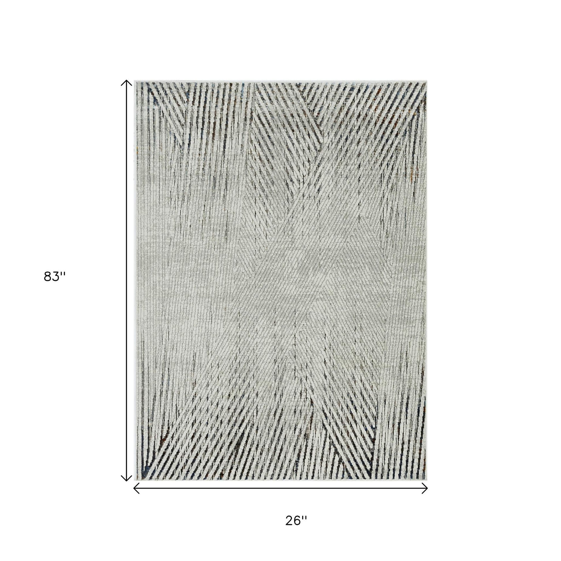 7' Ivory Grey Machine Woven Geometric Lines Indoor Runner Rug-Area Rugs-DECOROLALA