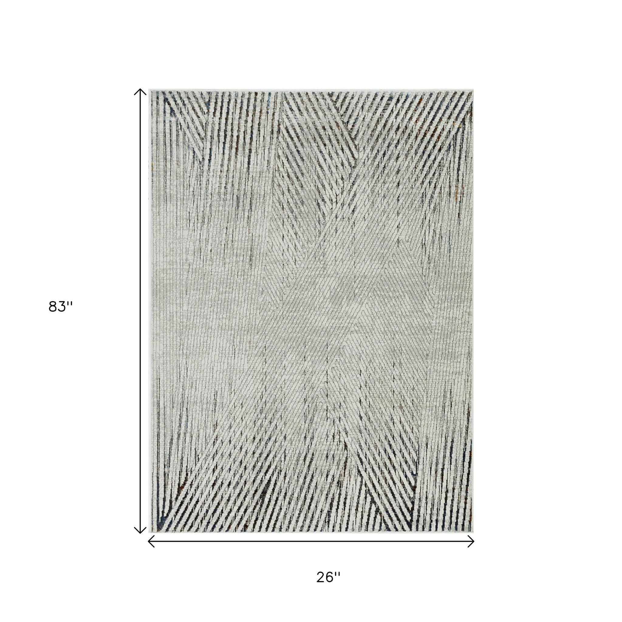 7' Ivory Grey Machine Woven Geometric Lines Indoor Runner Rug-Area Rugs-DECOROLALA