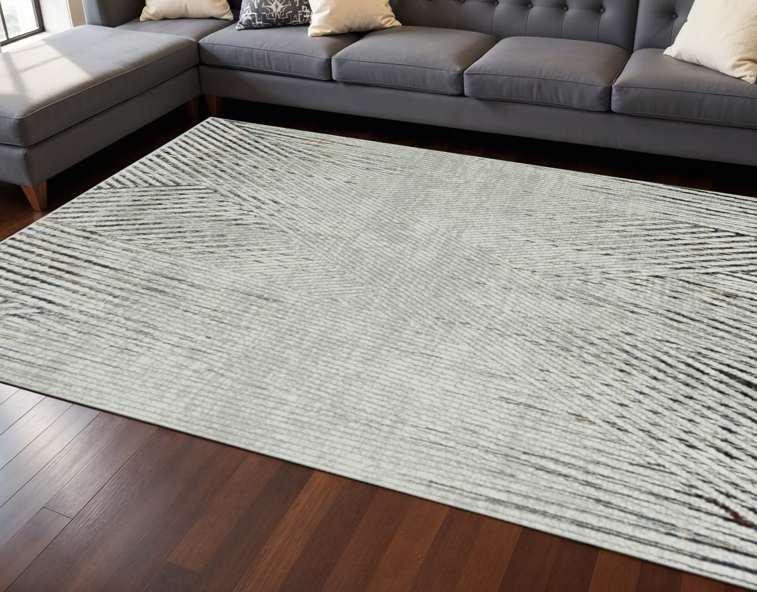 7' Ivory Grey Machine Woven Geometric Lines Indoor Runner Rug-Area Rugs-DECOROLALA