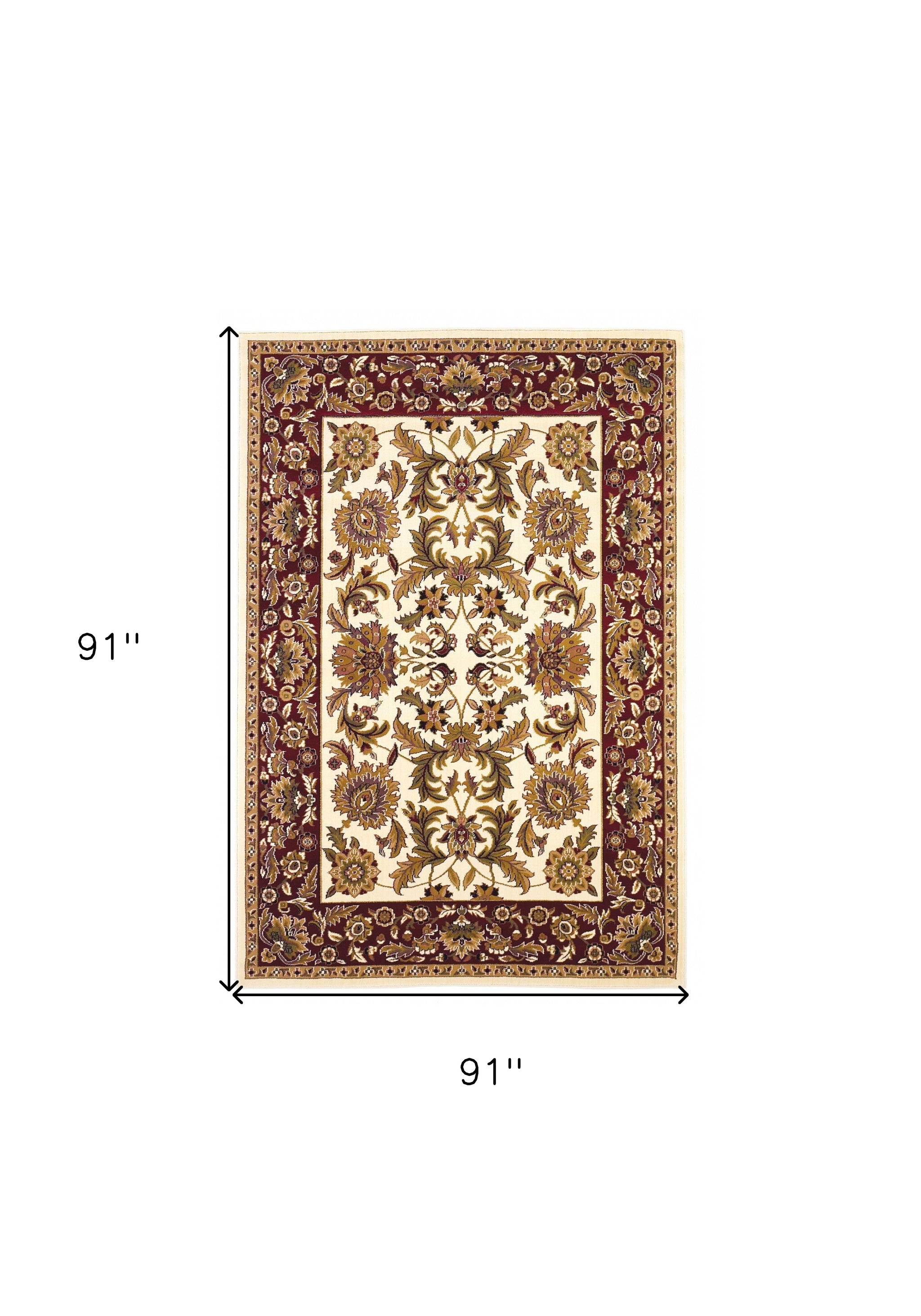 7' Ivory Red And Orange Floral Medallion Octagon Rug-Area Rugs-DECOROLALA