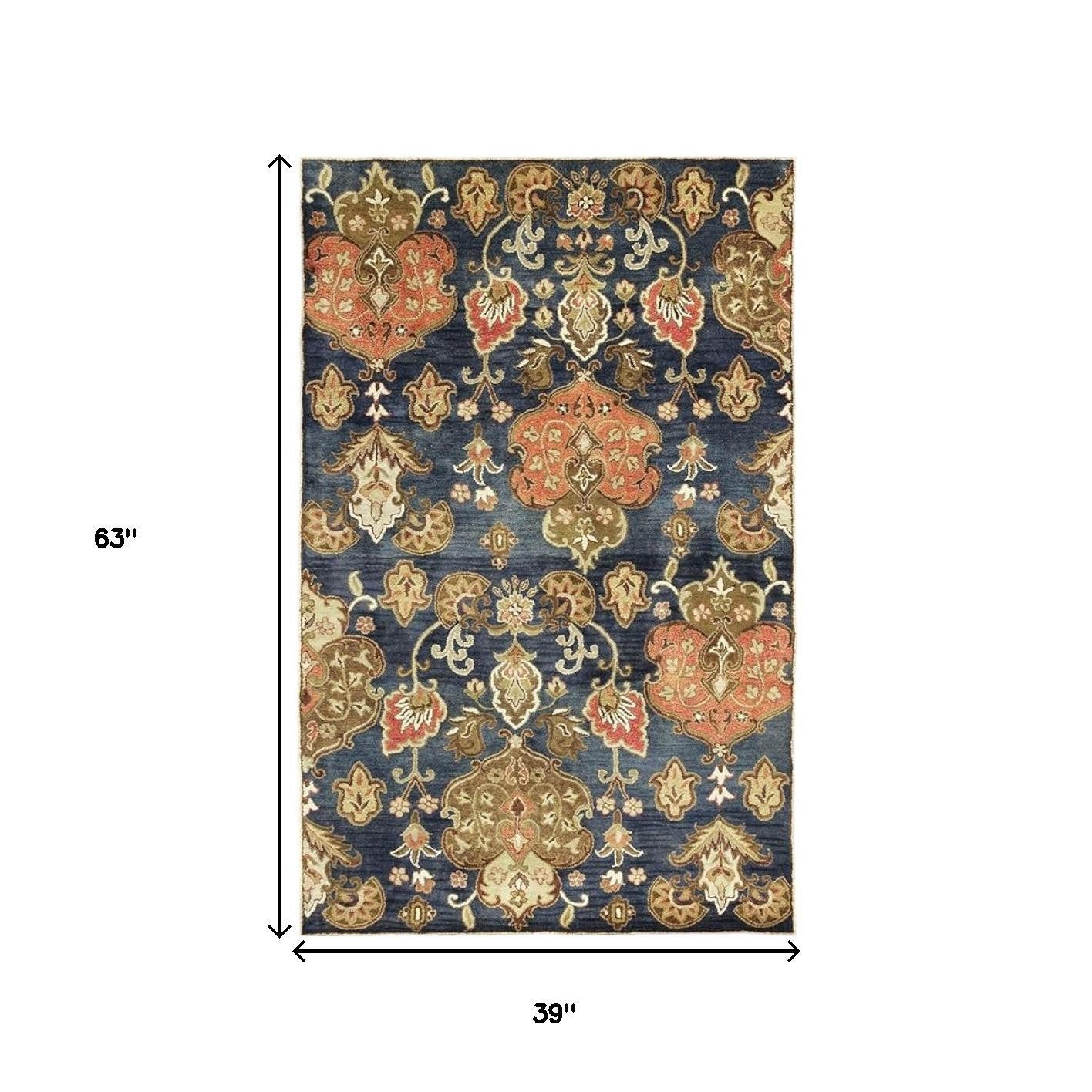 7' Navy Blue Orange And Brown Wool Medallion Hand Tufted Runner Rug-Area Rugs-DECOROLALA