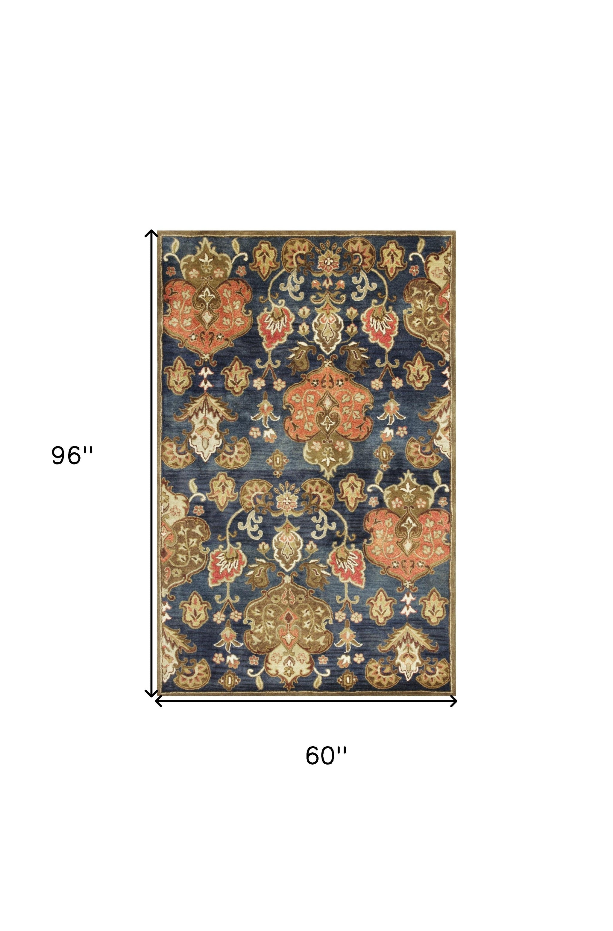 7' Navy Blue Orange And Brown Wool Medallion Hand Tufted Runner Rug-Area Rugs-DECOROLALA