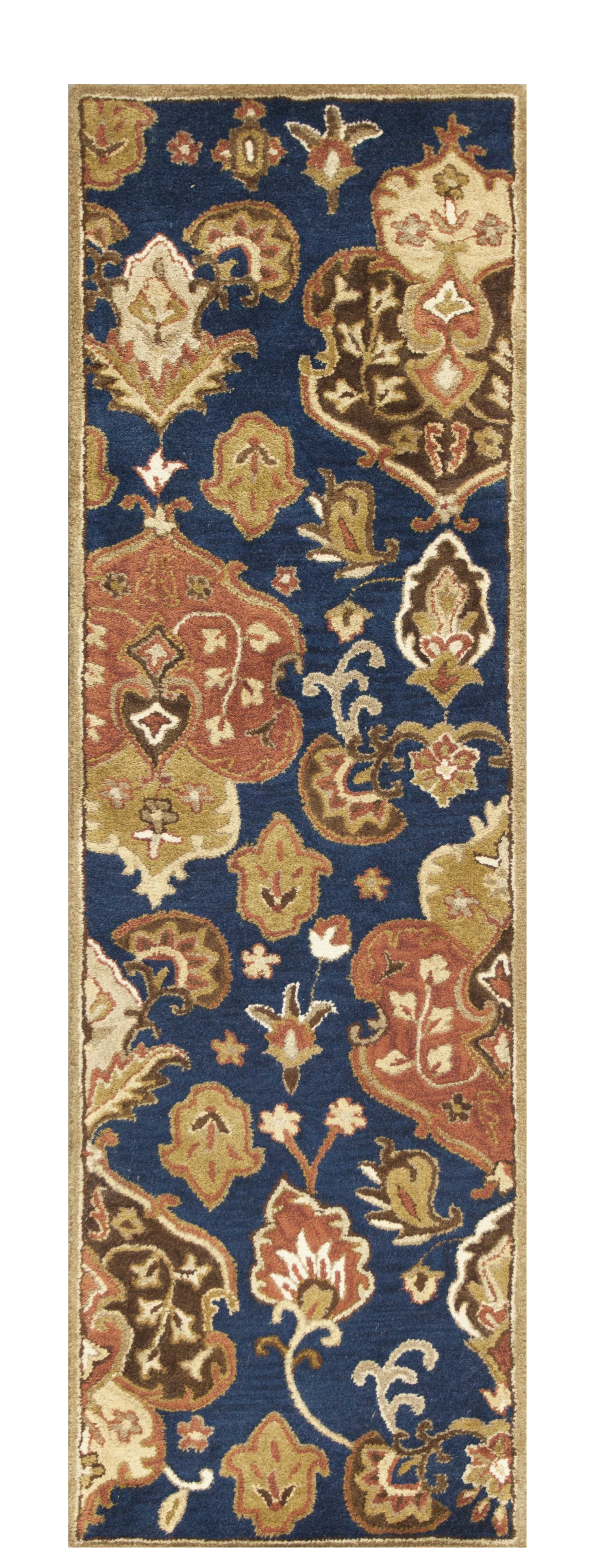 7' Navy Blue Orange And Brown Wool Medallion Hand Tufted Runner Rug-Area Rugs-DECOROLALA