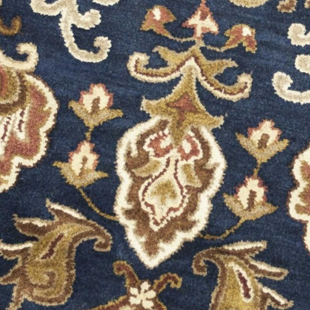 7' Navy Blue Orange And Brown Wool Medallion Hand Tufted Runner Rug-Area Rugs-DECOROLALA