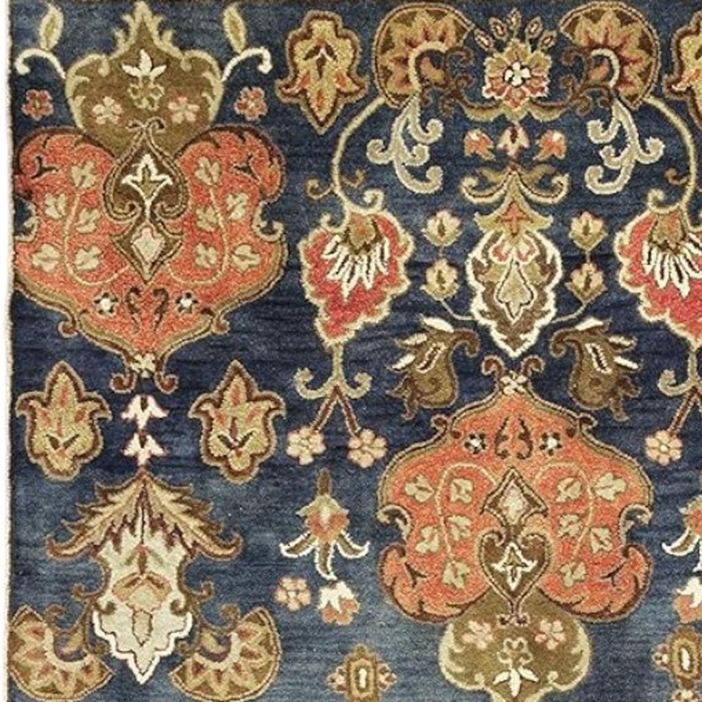 7' Navy Blue Orange And Brown Wool Medallion Hand Tufted Runner Rug-Area Rugs-DECOROLALA