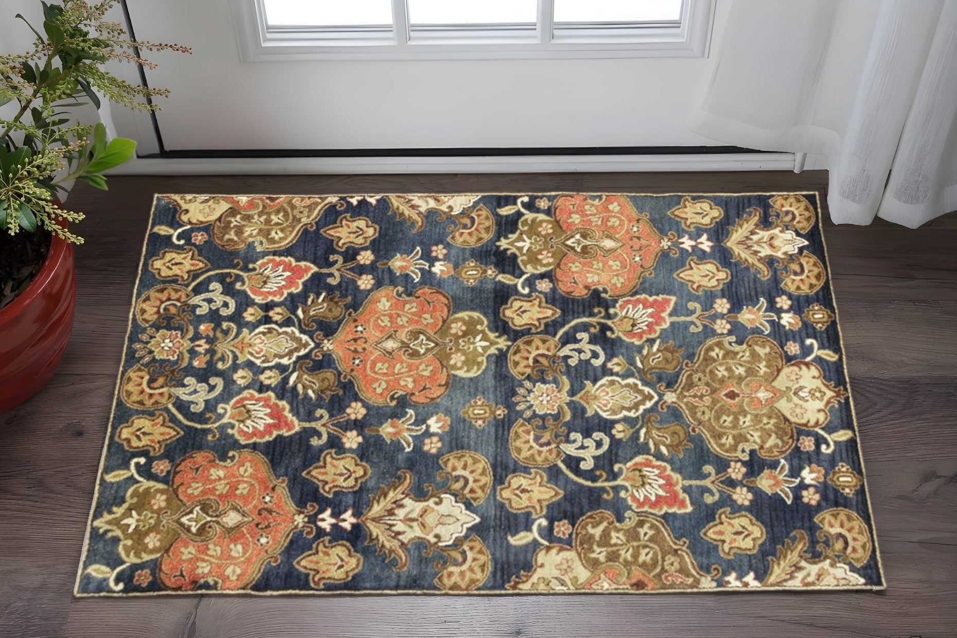 7' Navy Blue Orange And Brown Wool Medallion Hand Tufted Runner Rug-Area Rugs-DECOROLALA